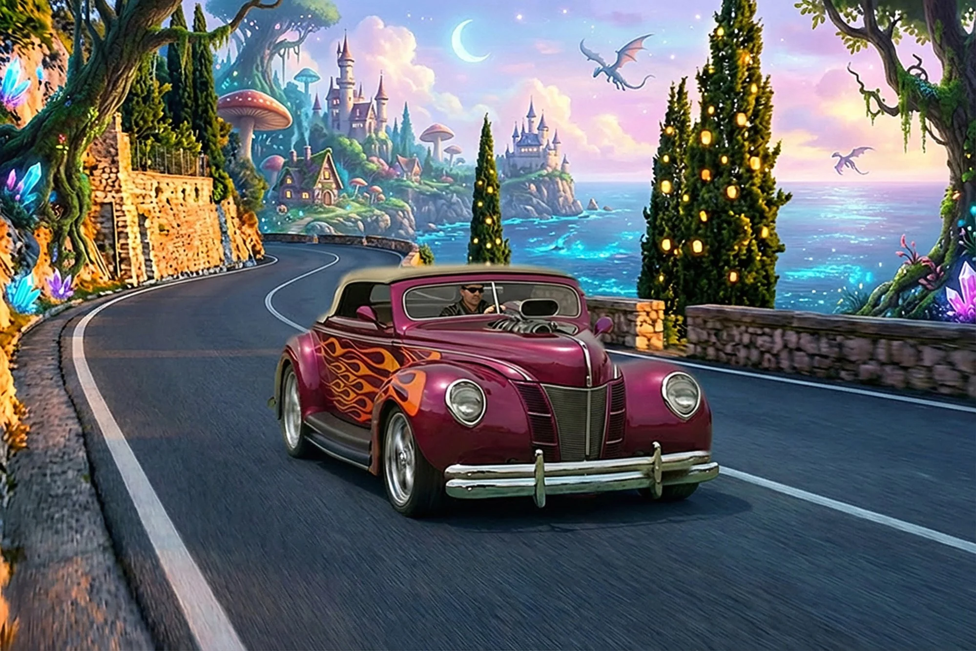 A pink vintage convertible car with flame decals on the side drives along a winding road by the sea. The scene is fantasy-like, with large mushrooms, castle-like structures, and dragons flying in the sky. Tall decorated trees and colorful flowers ado