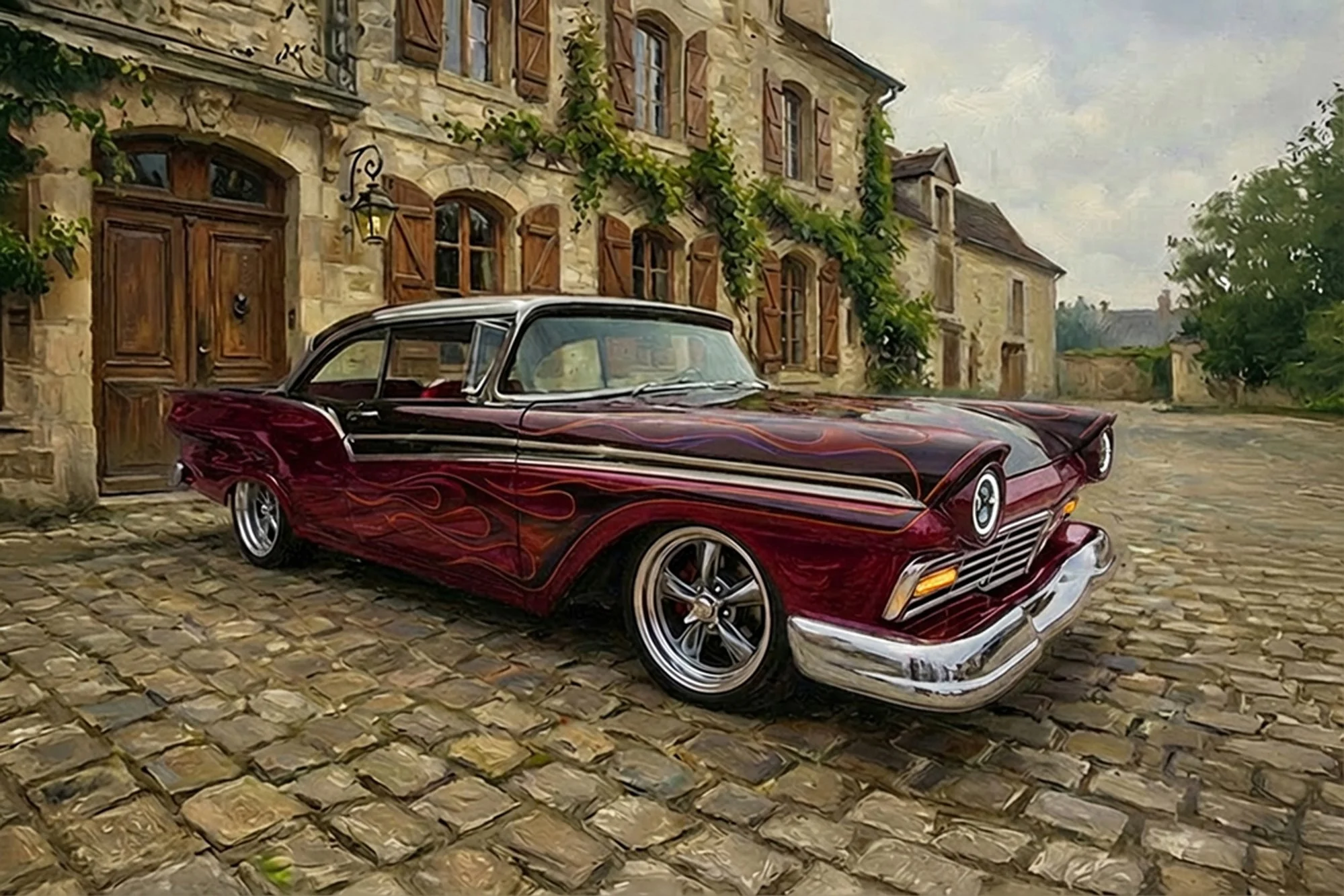 A vintage black and red car with flame decals parked on cobblestone street in front of an old stone building with wooden shutters covered in green vines.