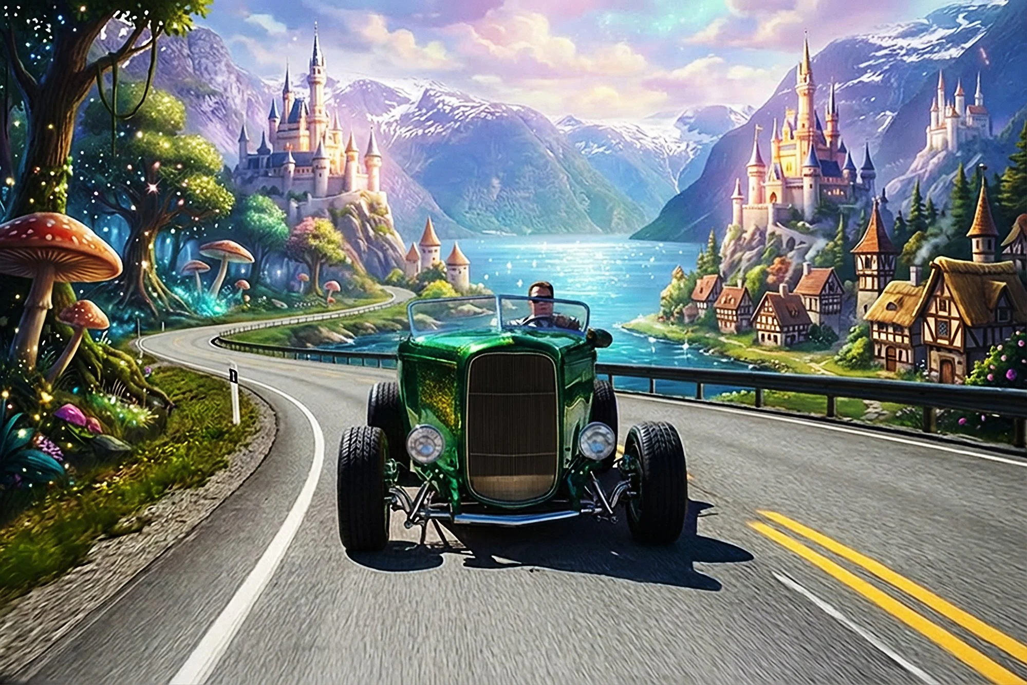 A digital illustration of a person driving a vintage green car along a winding road through a fantastical landscape featuring a castle on a hill, snow-capped mountains in the background, a lake, and lush greenery with flowers and mushrooms.