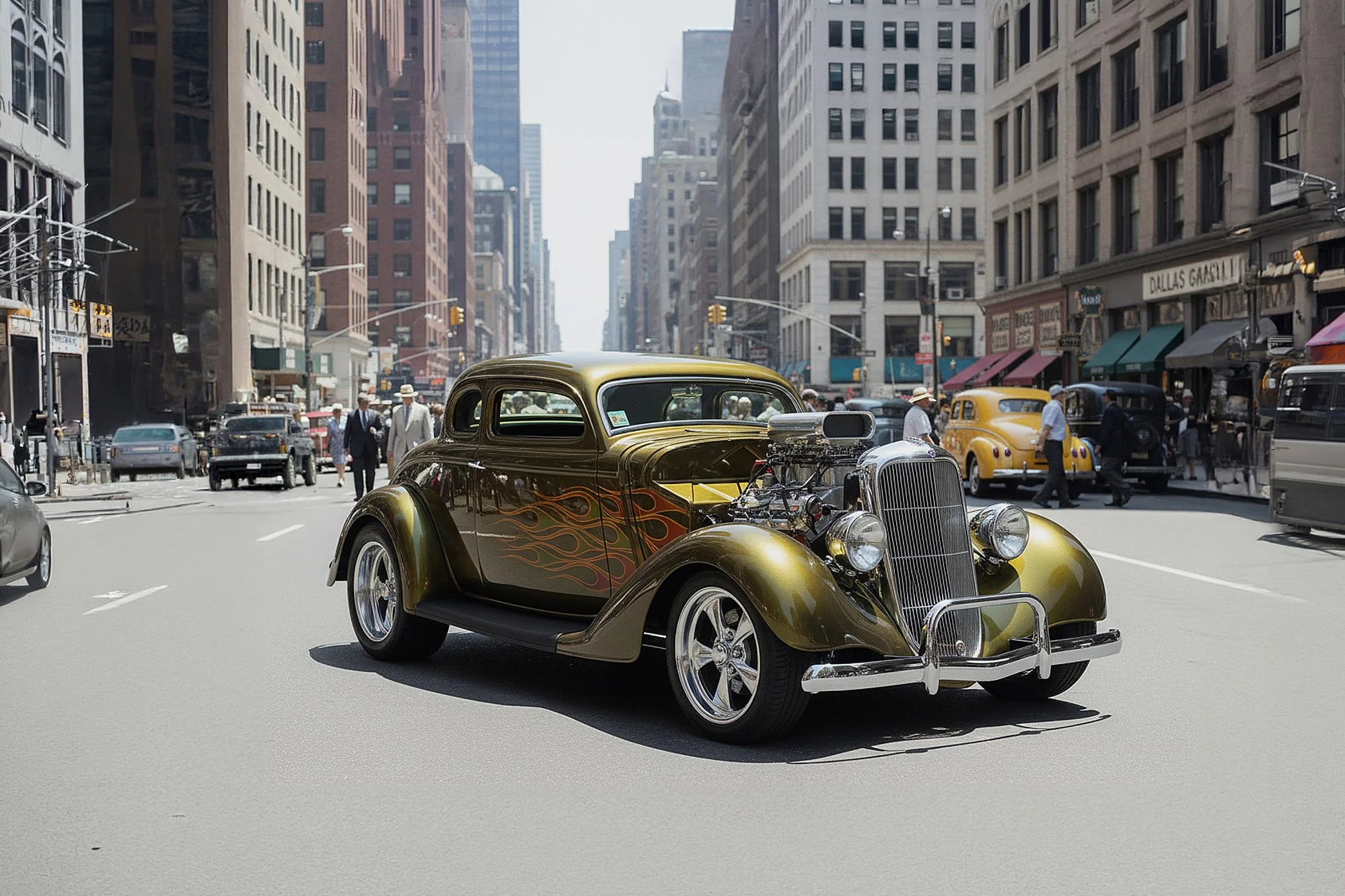 Vintage yellow and black hot rod car with flames parked on city street, surrounded by pedestrians, tall buildings, and other cars.