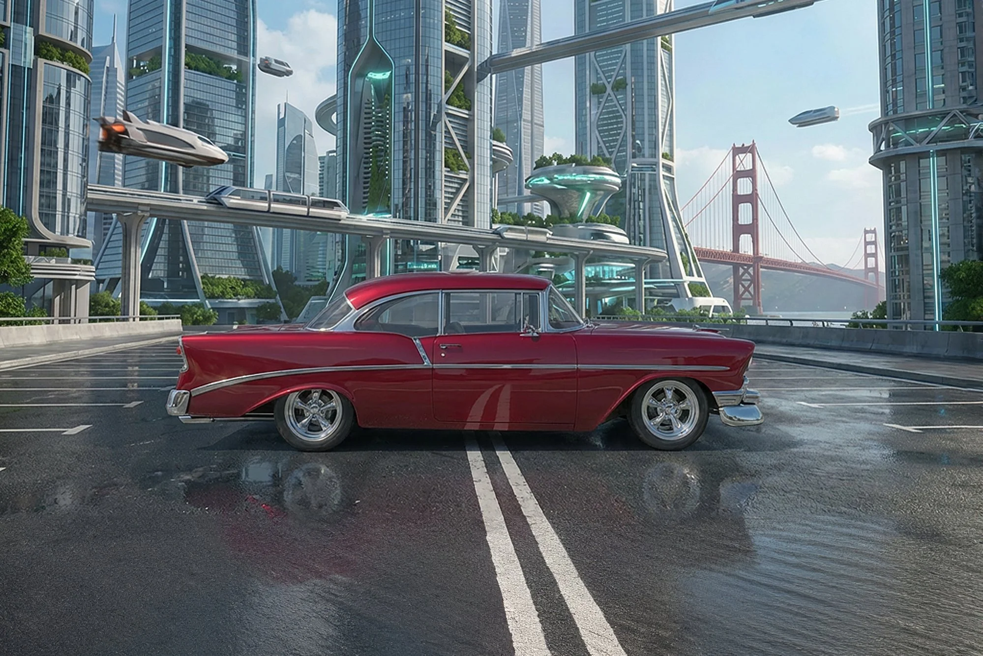 A futuristic cityscape with tall glass skyscrapers and flying vehicles, featuring a red classic car in the foreground on a wet street with a bridge in the background.