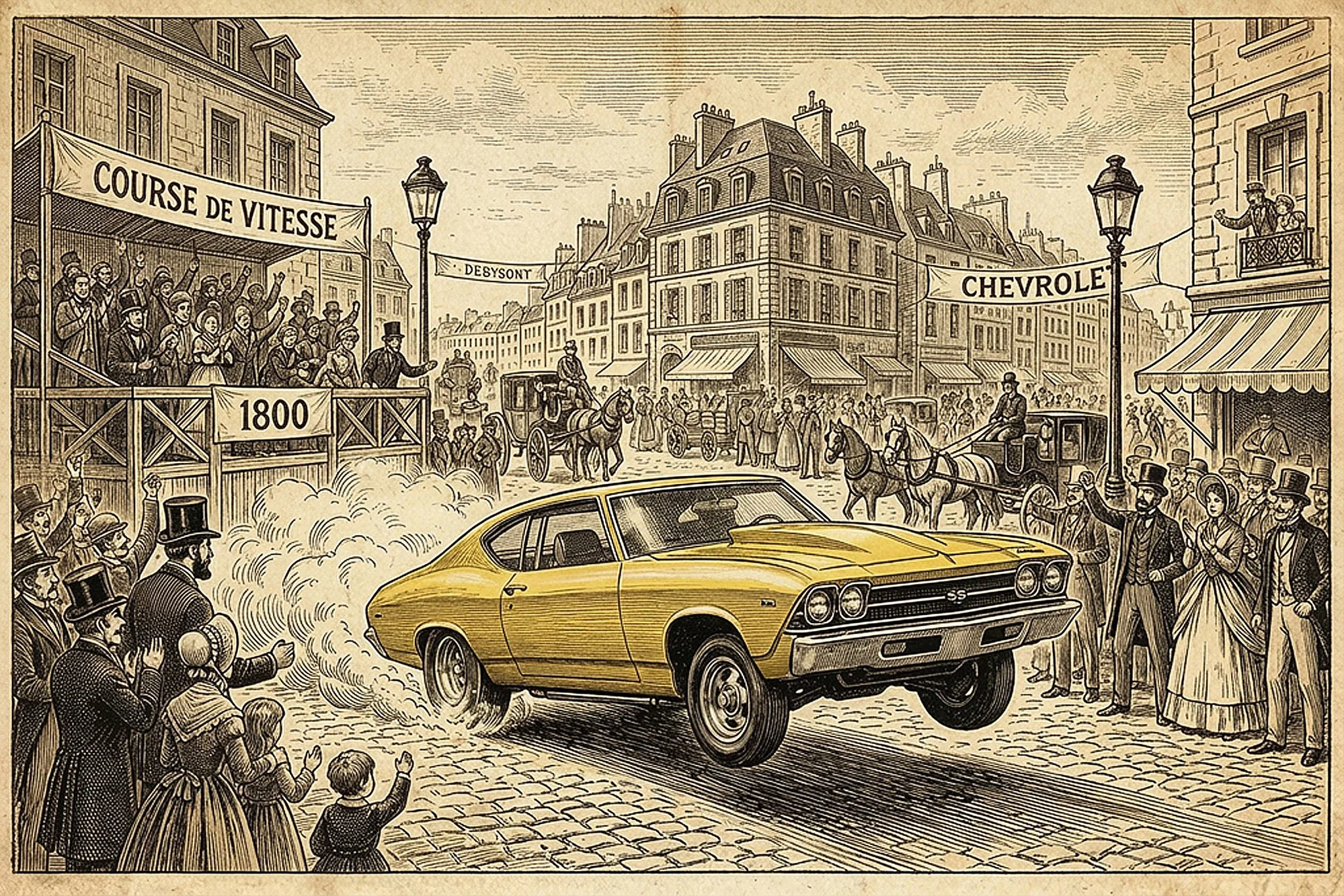 A vintage illustration of a street scene with a yellow muscle car racing and kicking up dust, surrounded by a crowd of spectators, horse-drawn carriages, and historic Parisian buildings. Banners read 'Course de Vitesse' and 'Chevrolet,' suggesting a 