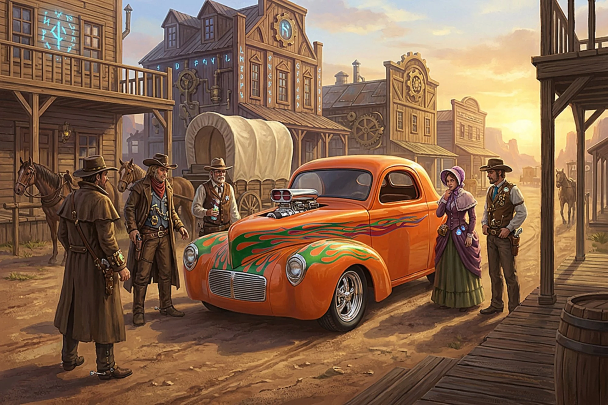 A group of people dressed in old western costumes gathered around a bright orange vintage car with flame decals in a town with wooden buildings, horse-drawn wagons, and a sunset sky.