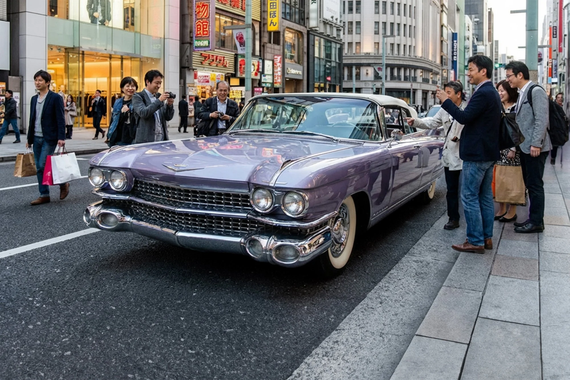 A vintage purple Cadillac car parked on a busy city street surrounded by people, some of whom are taking photos and shopping, with tall buildings and colorful signs in the background.