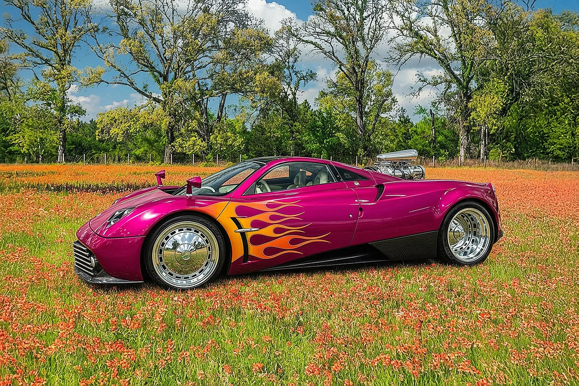 A bright pink sports car with flame decals parked in a field of orange flowers, with green trees and a partly cloudy sky in the background.