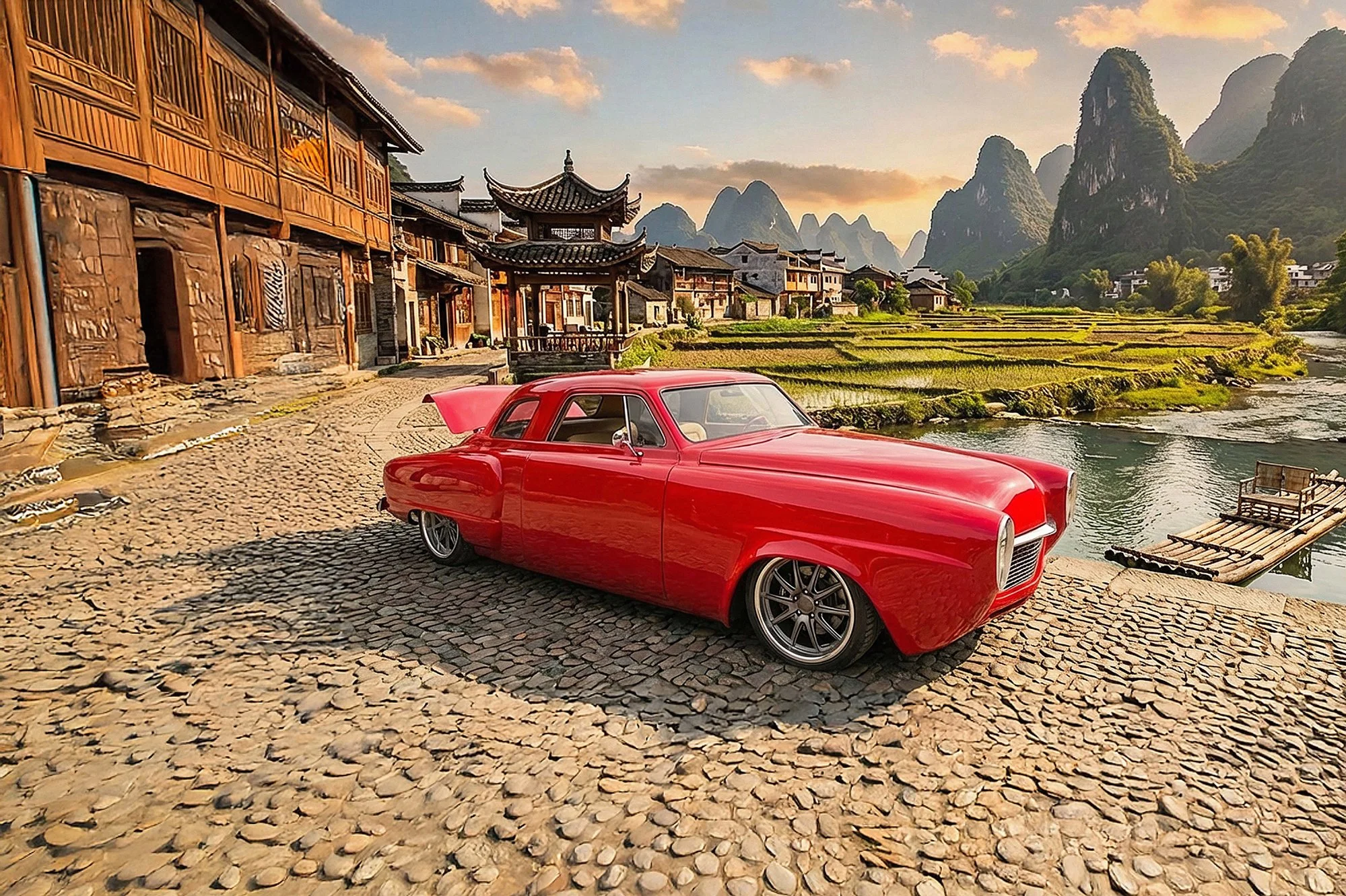 A red vintage car parked on a cobblestone street beside traditional Chinese-style buildings with mountains in the background during sunset.