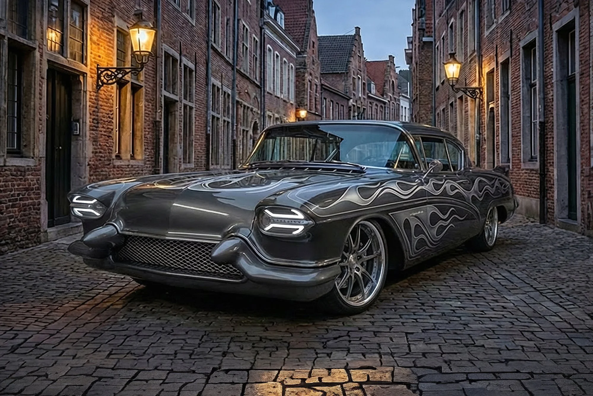 A sleek, futuristic black sports car with chrome accents and intricate swirl designs on its body, parked on a cobblestone street between historic brick buildings illuminated by warm street lamps at dusk.