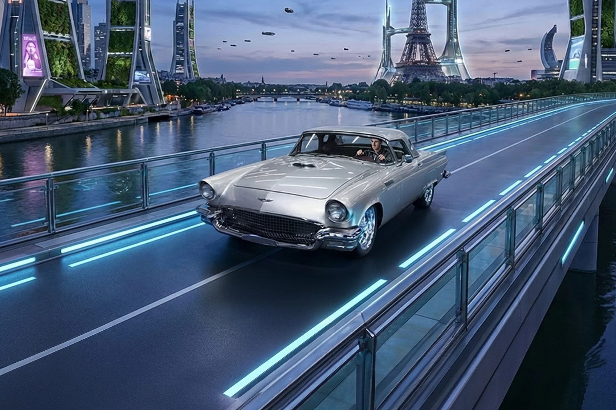 A silver vintage car driving on a futuristic glass bridge with neon blue lights, over a river in a cityscape with iconic modern architecture and the Eiffel Tower in the background at dusk.