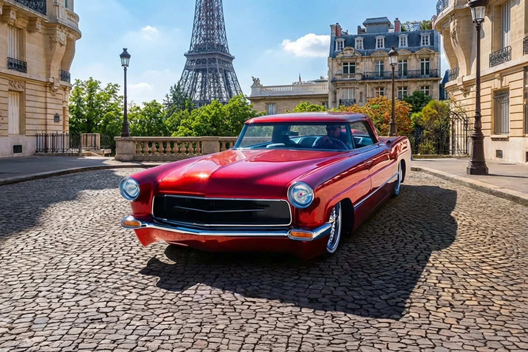A red vintage car parked on a cobblestone street in Paris, with the Eiffel Tower and classic Parisian buildings in the background during daytime.