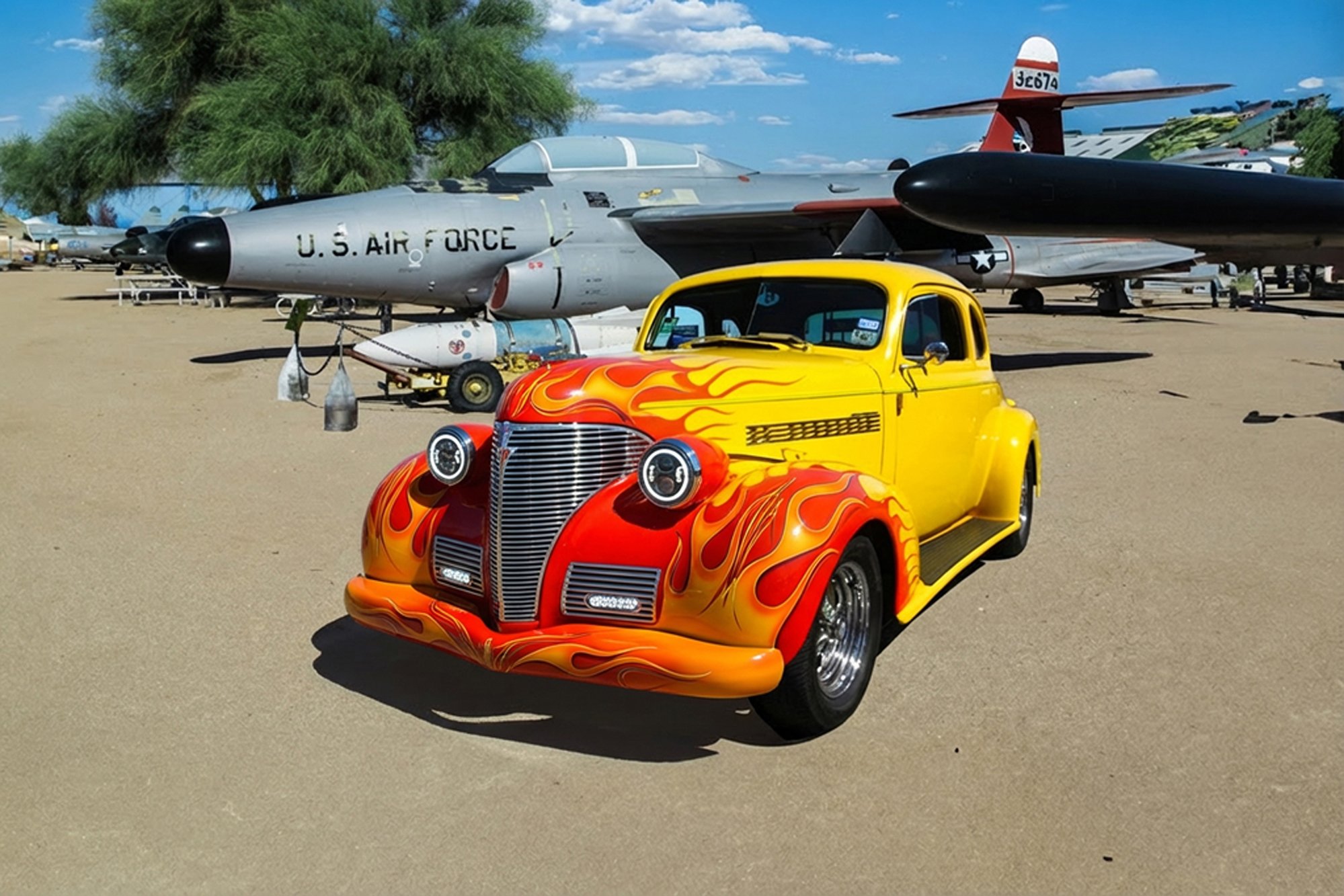 A bright yellow vintage car with red and orange flames painted on the hood and sides, parked outdoors on dirt with several aircraft in the background, including a U.S. Air Force jet and other planes, under a blue sky with some clouds.