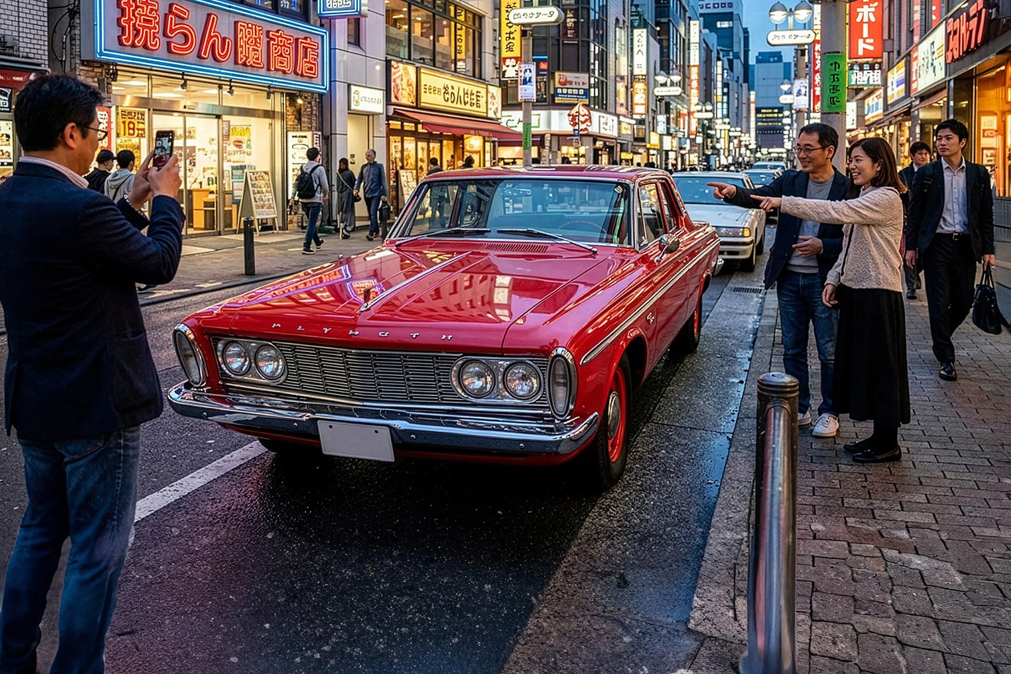 A red vintage car parked along a busy city street in Japan, with people gathered around and taking pictures, illuminated by colorful neon signs and storefronts.