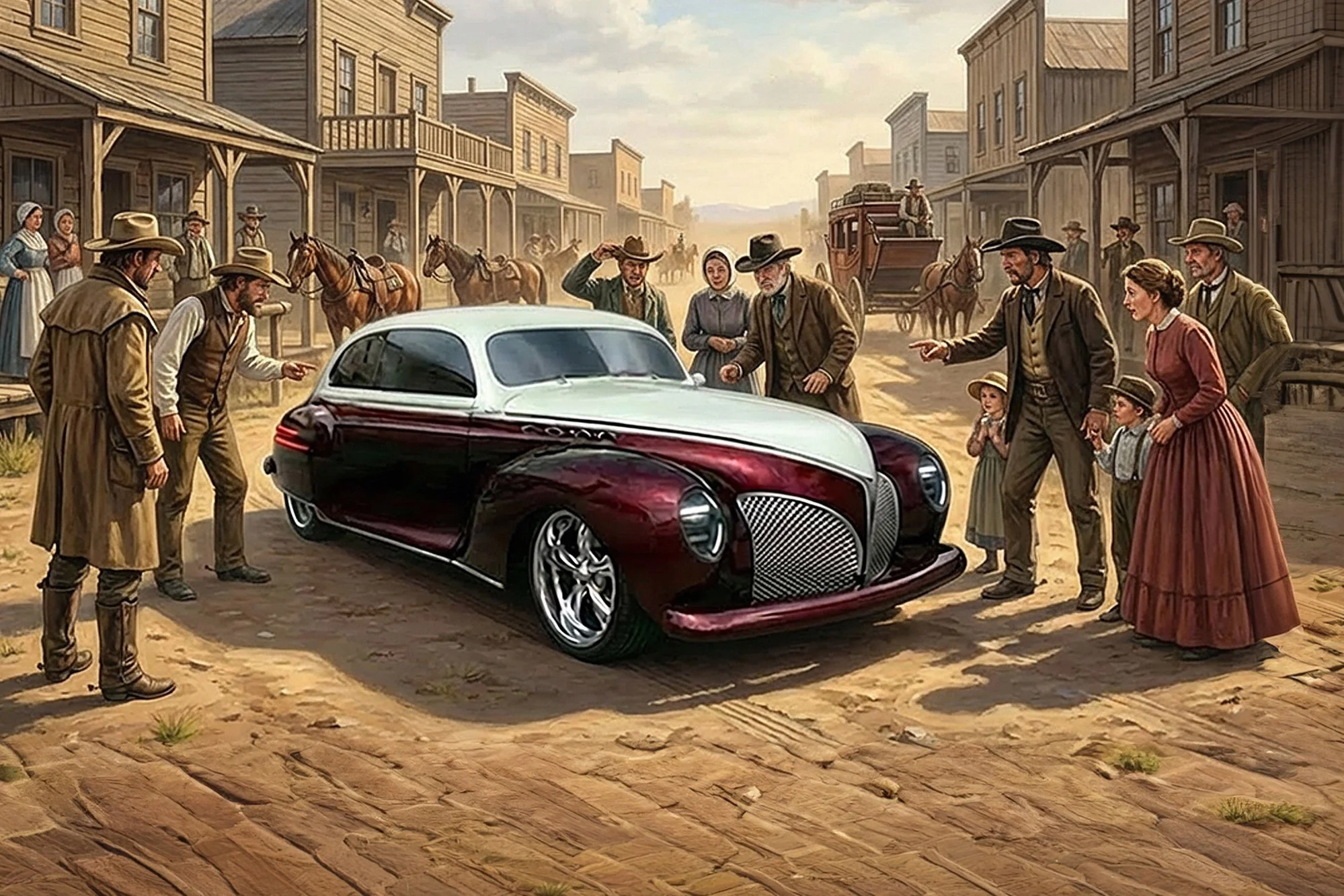 A group of people dressed in old Western-style clothing gathered around a modern car in a historic Western town setting with wooden buildings and dirt streets, including women, men, children, and horses.