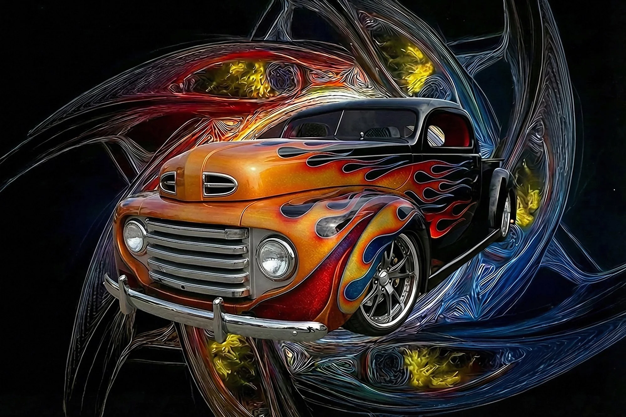 A classic car with flame artwork on its hood and sides, set against a surreal, abstract background with vibrant swirling patterns and glowing yellow accents.