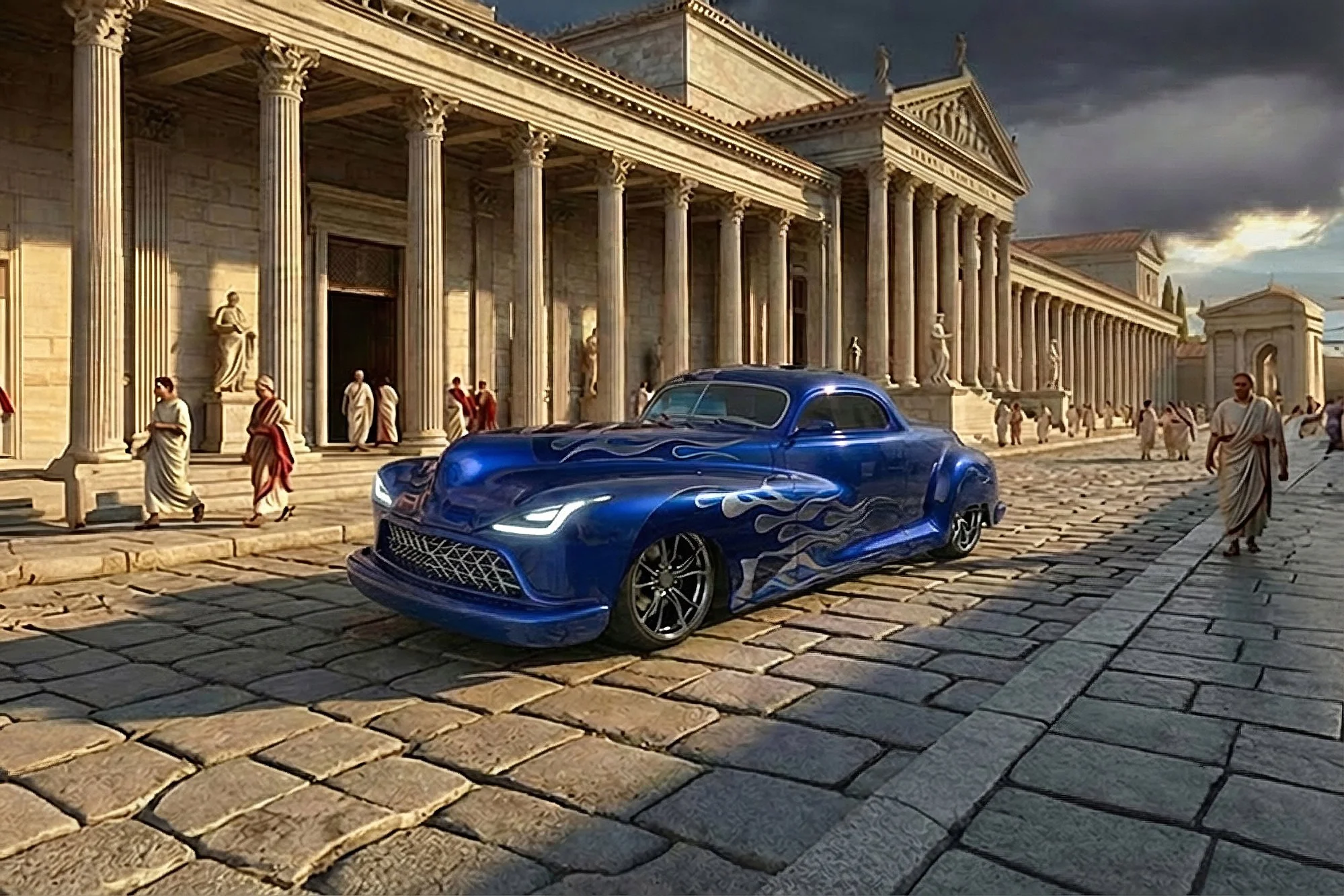 A bright blue sports car with flame decals is parked on a cobblestone street in front of a historic building with classical columns and statues, under a dark cloudy sky.