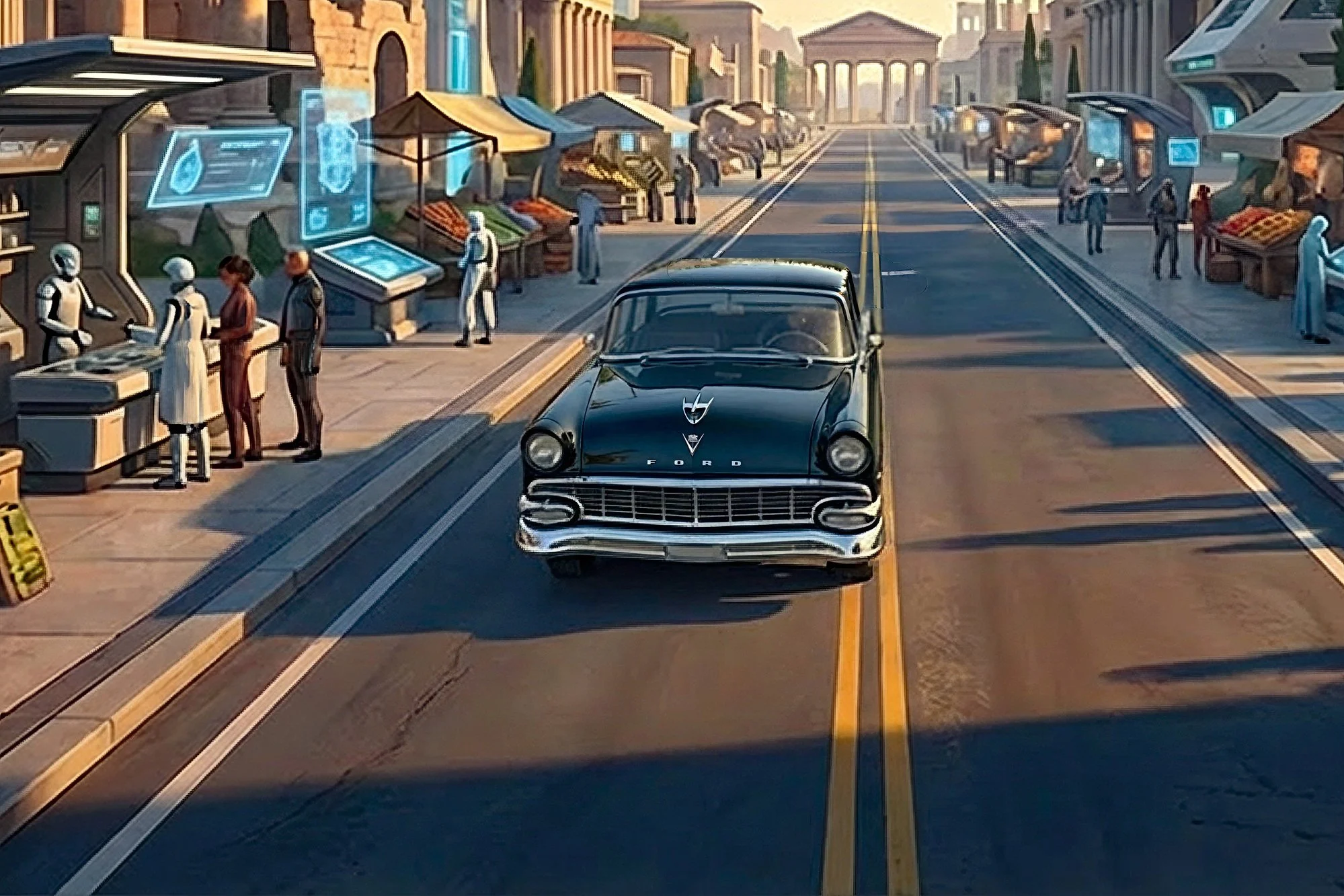 Futuristic city street scene featuring a black vintage car in the foreground, with people engaging at an outdoor market with stalls, digital displays, and holograms, and classical architecture in the background.