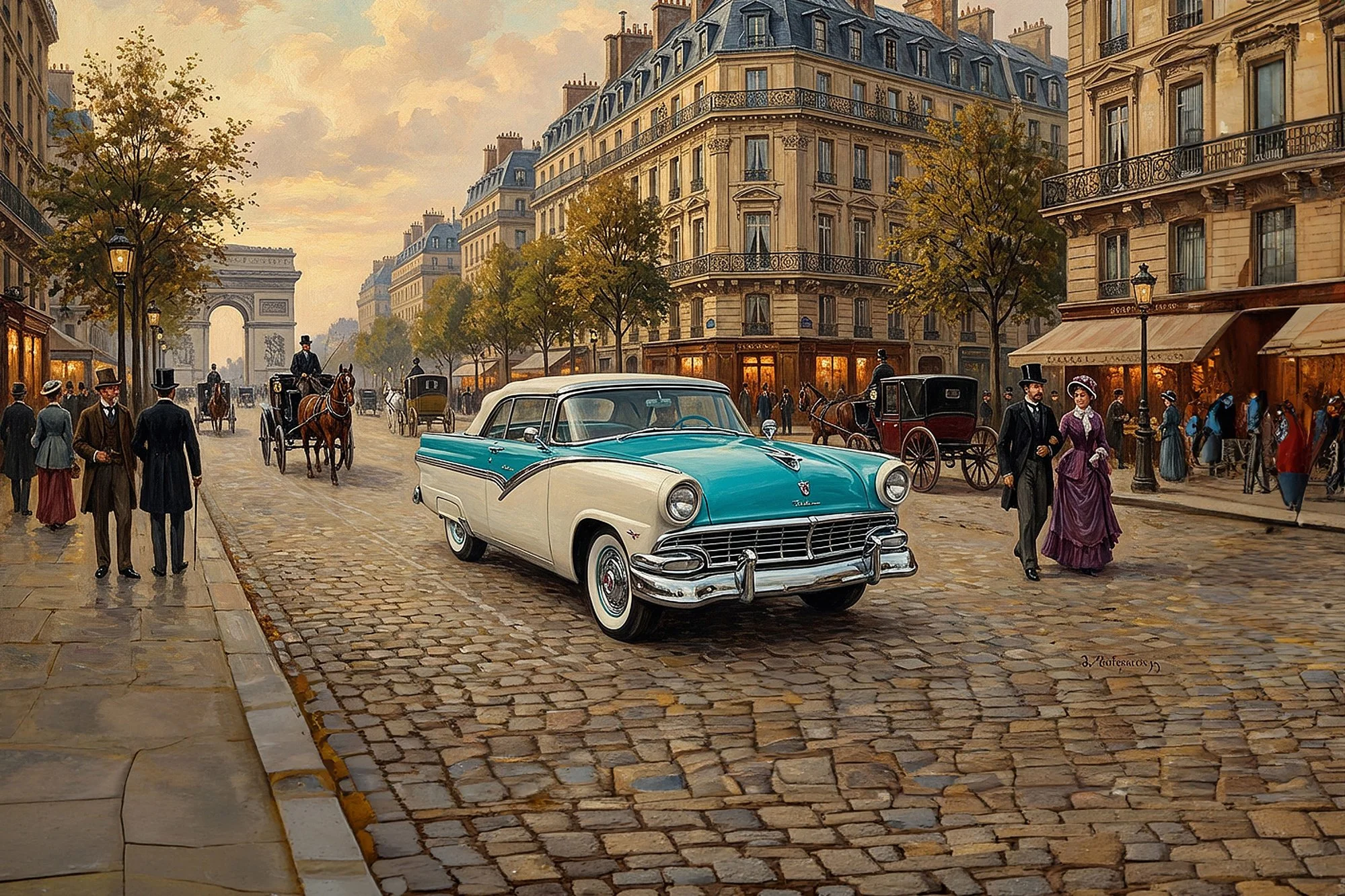 A painting of a Paris street scene featuring a vintage blue and white car in the foreground, elegant women in Victorian-era dresses, men in suits and top hats, horse-drawn carriages, and the Arc de Triomphe in the background during sunset.