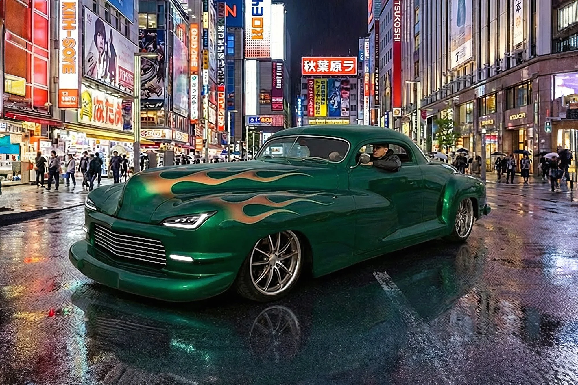 A green sports car with flame decals parked on a rainy city street at night, surrounded by illuminated signs and buildings, with people walking in the background.
