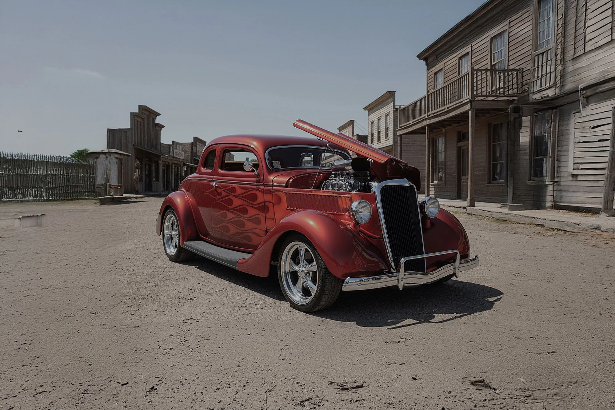A vintage red car with flame decals, hood partially open, parked in a dusty old western town setting with weathered wooden buildings along a dirt street.