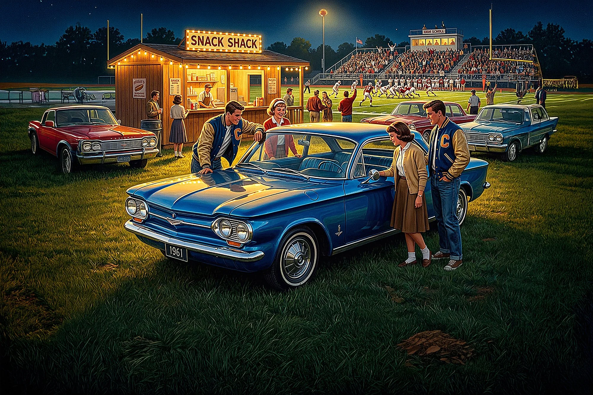A vintage illustration of a football stadium at night with a crowd in the stands. Classic cars are parked on the grass, and a snack shack is in the foreground where young people are gathered, chatting. The scene evokes a 1960s American football game.