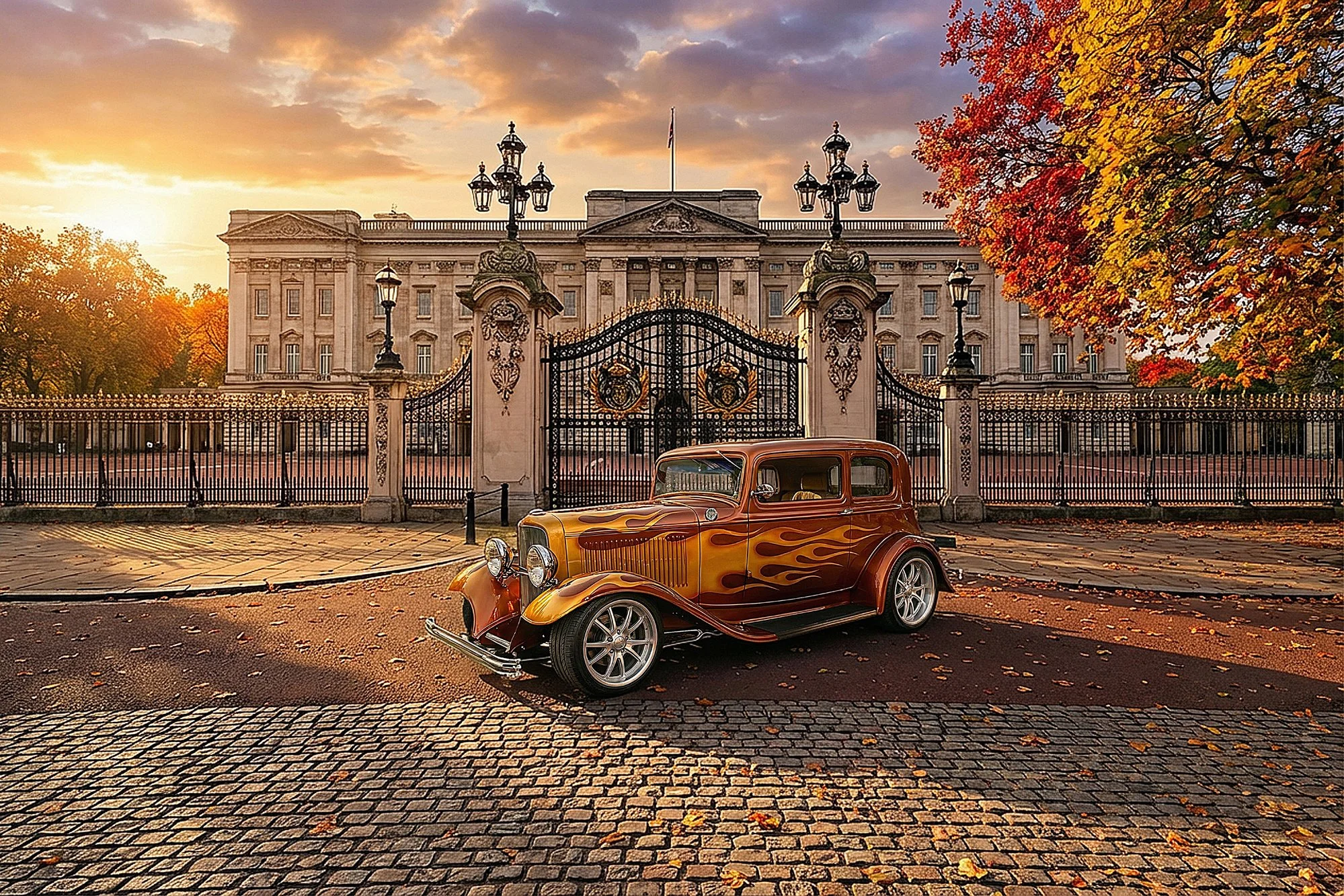 A vintage orange car with flames painted on the side is parked on a cobblestone street in front of the White House, with fall leaves on the ground and trees with colorful leaves, during sunset.
