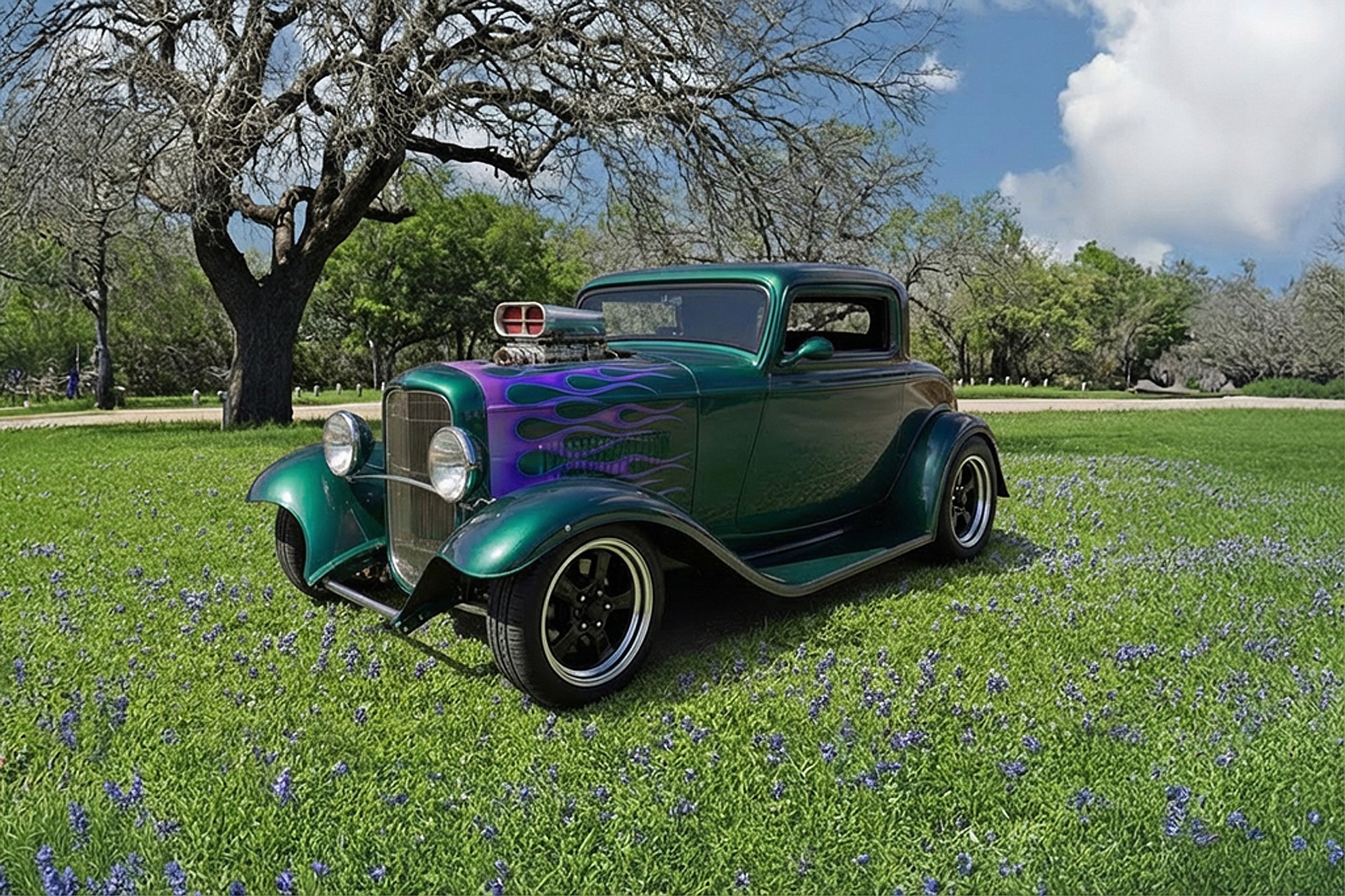 A vintage green car with purple flames on the hood and a supercharger engine sticking out, parked on a grassy field with small purple flowers, under leafless trees and a partly cloudy blue sky.
