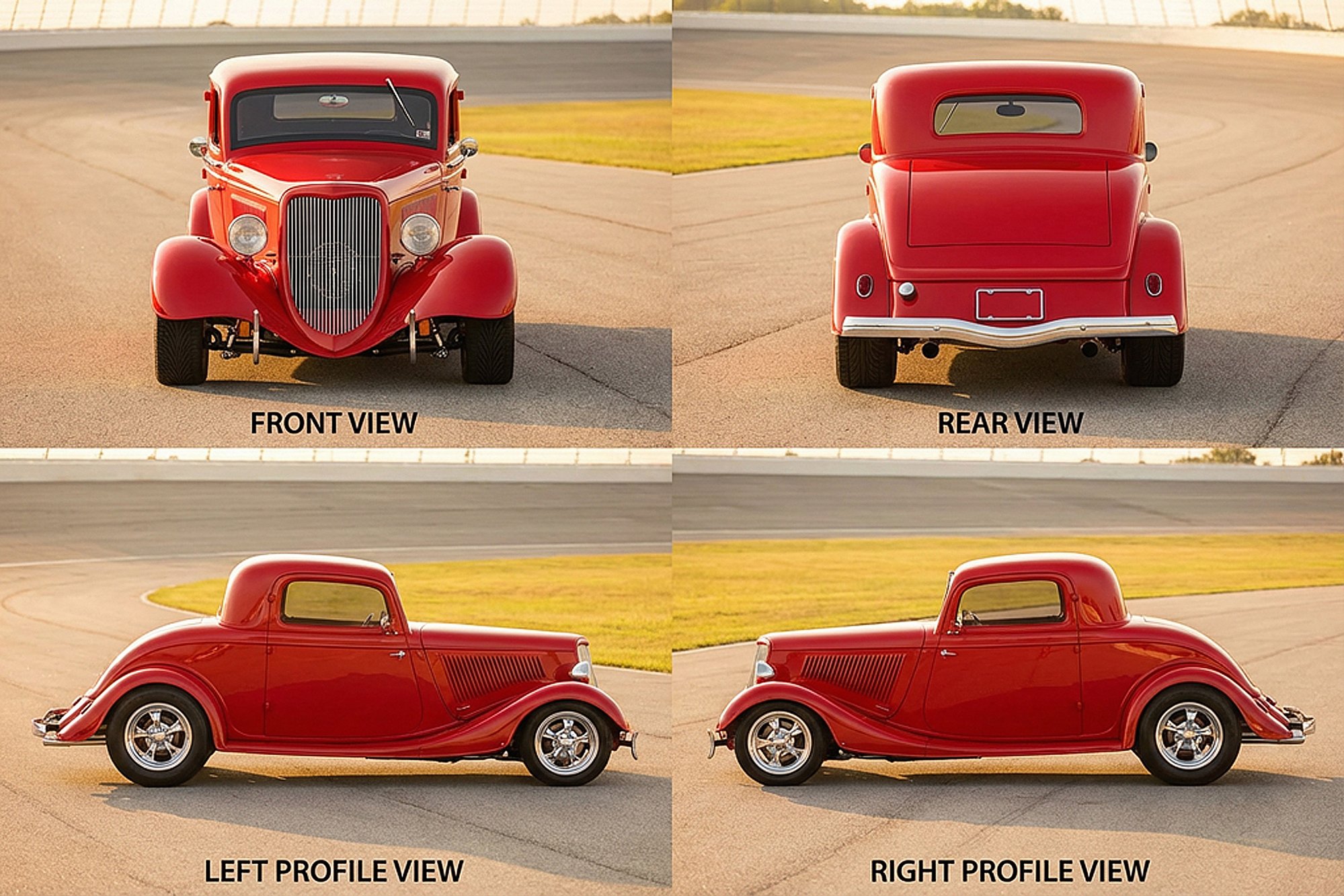 Four views of a vintage red car: front view, rear view, left profile view, and right profile view, parked on a paved area with grass and a fence in the background.