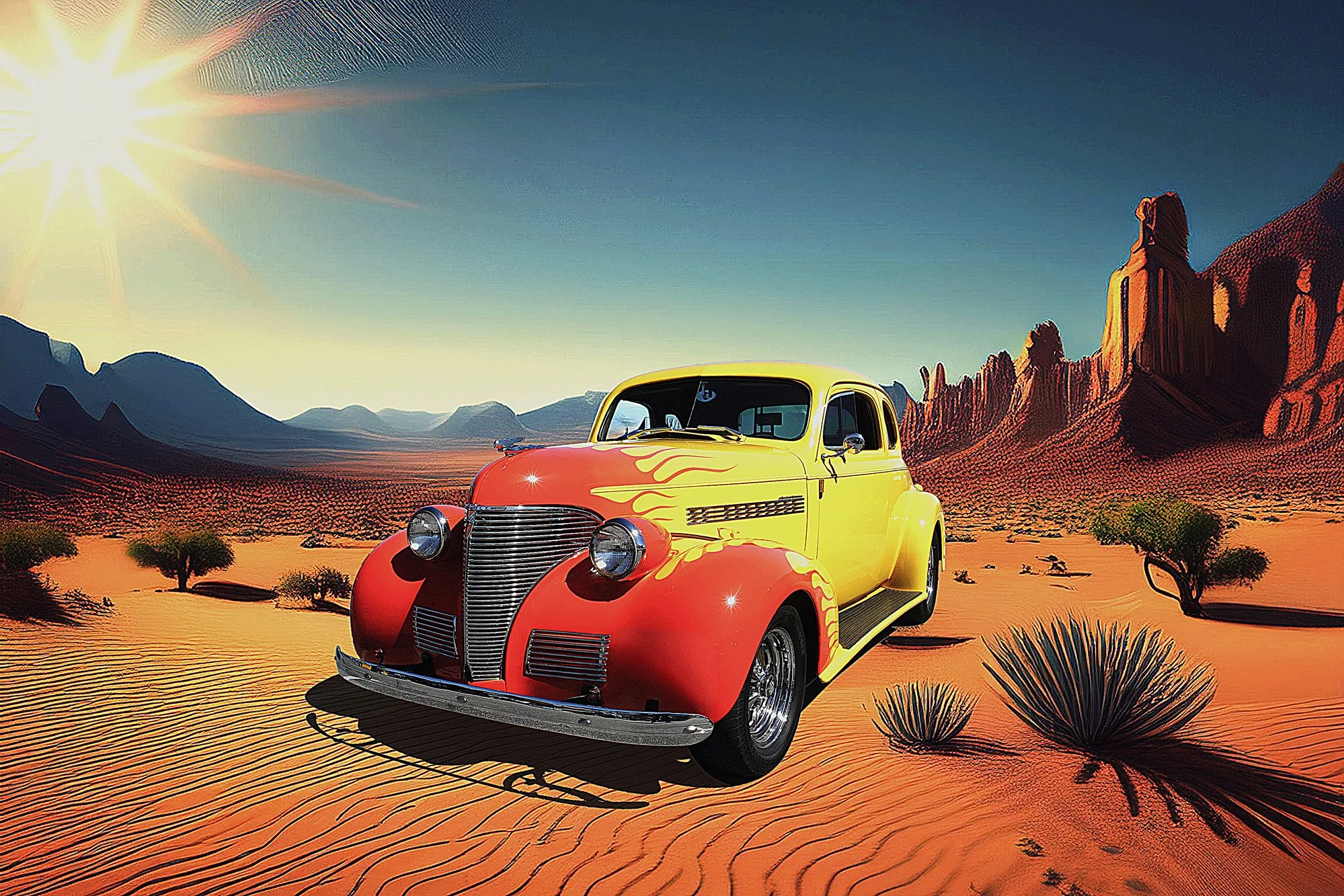 A vintage yellow and red car with flaming decals on the front, parked in a desert landscape with sand dunes, sparse desert plants, and rock formations under a bright sun in the clear blue sky.