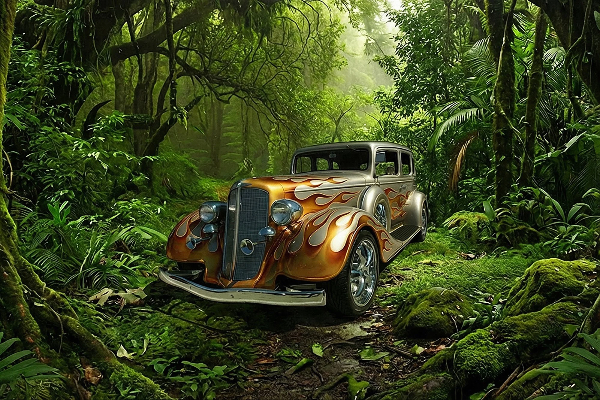 A vintage car with flame decals on the hood parked in a lush, dense rainforest with green foliage and moss-covered ground surrounding it.