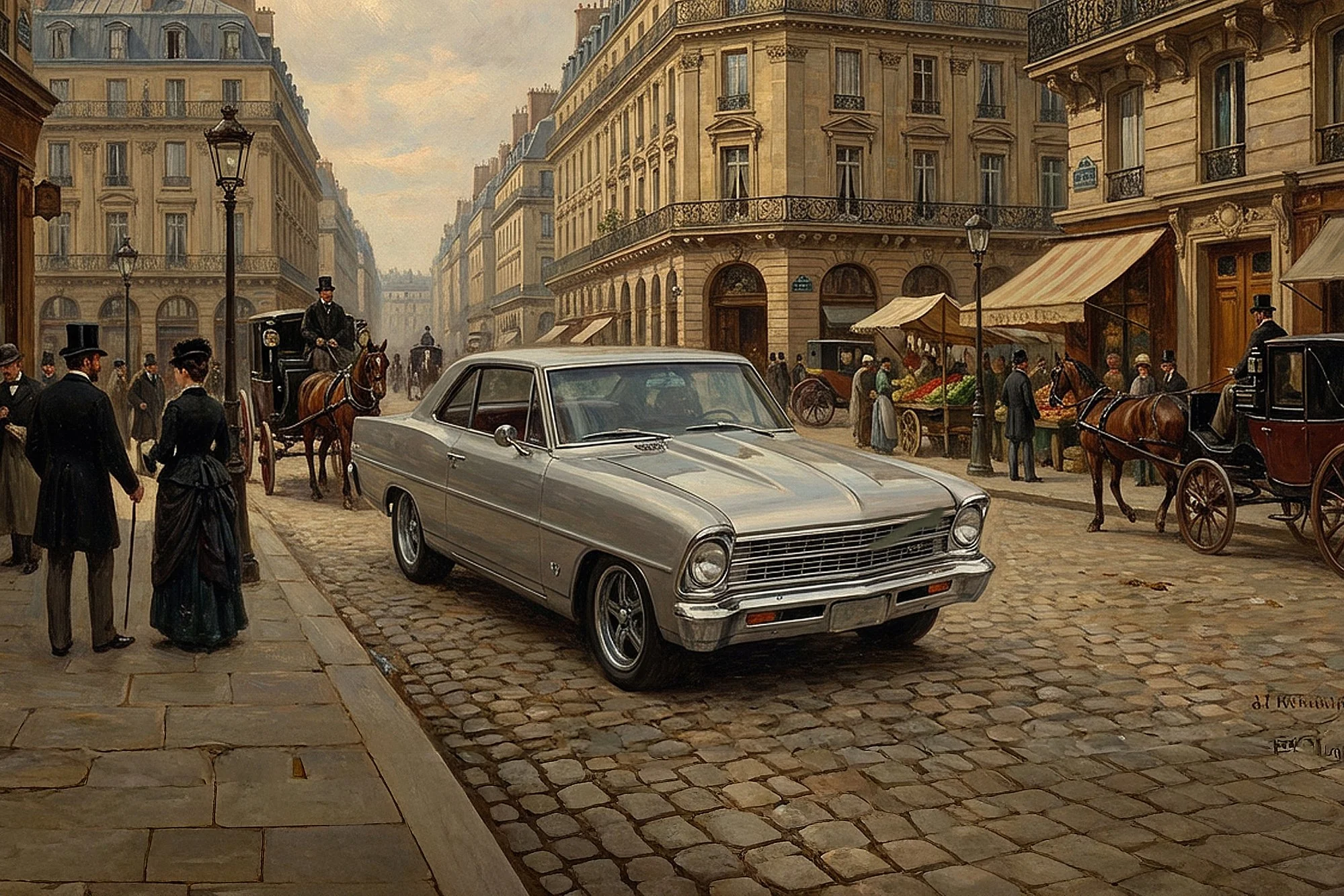 Vintage street scene with a classic silver car in the foreground, surrounded by pedestrians and horse-drawn carriages, with historic Parisian buildings and outdoor market stalls in the background.
