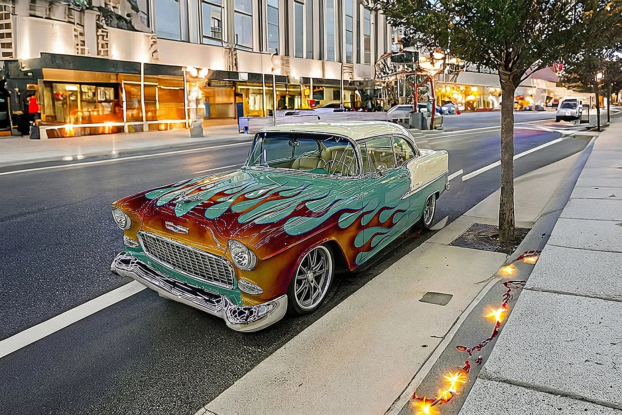 A vintage car with a colorful flame paint job is parked on the side of a city street at dusk. The street features modern buildings with large glass windows and some trees, illuminated by streetlights.