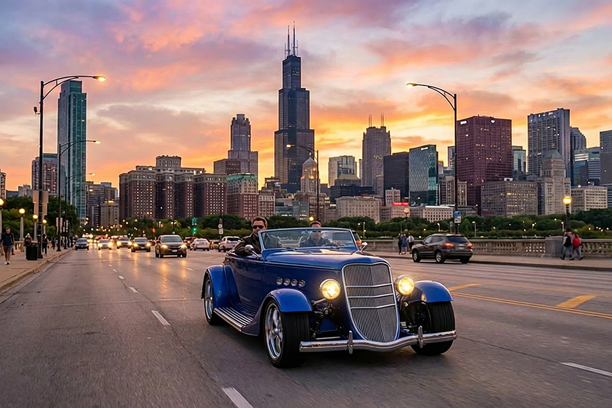 A street scene during sunset in a city with tall skyscrapers, including the Willis Tower, and a classic blue convertible car with two passengers driving along the road, with other vehicles and pedestrians visible.