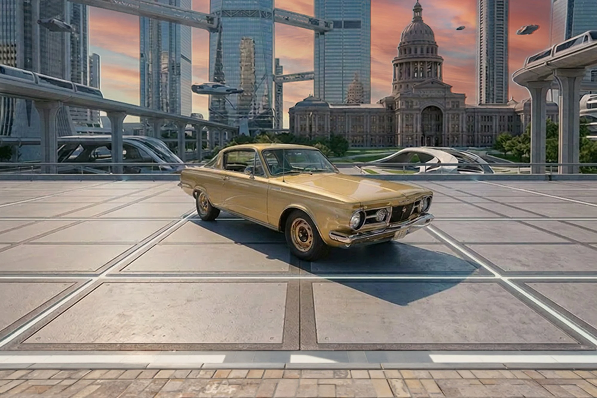 A vintage yellow car parked on a futuristic rooftop with tall modern skyscrapers, a domed government building, and a sunset sky in the background.