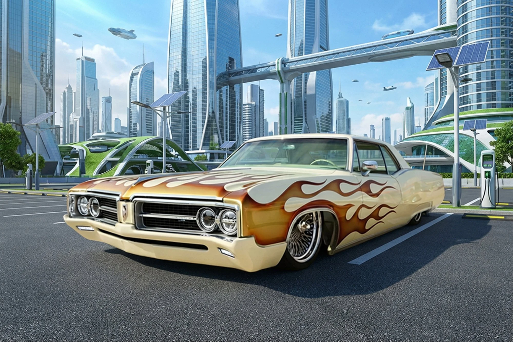 A vintage beige car with orange flames painted on the sides parked at an electric vehicle charging station in a futuristic city with tall skyscrapers, solar panels, and floating vehicles.