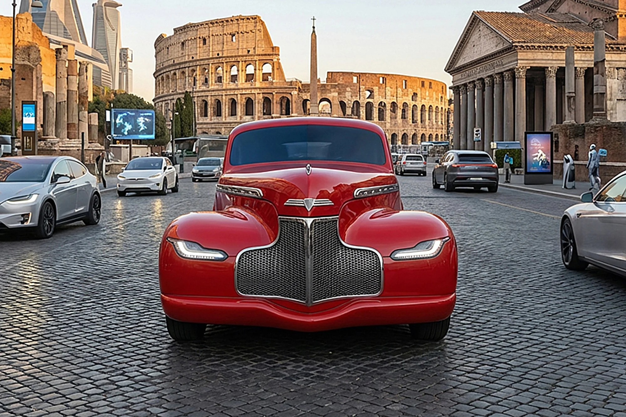A red futuristic car on cobblestone street in front of the Colosseum in Rome, Italy, with other cars and pedestrians visible.