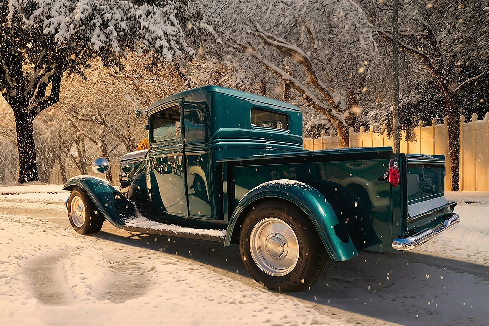 A vintage dark green pickup truck parked on a snowy street at night, surrounded by snow-covered trees and illuminated by warm city lights.