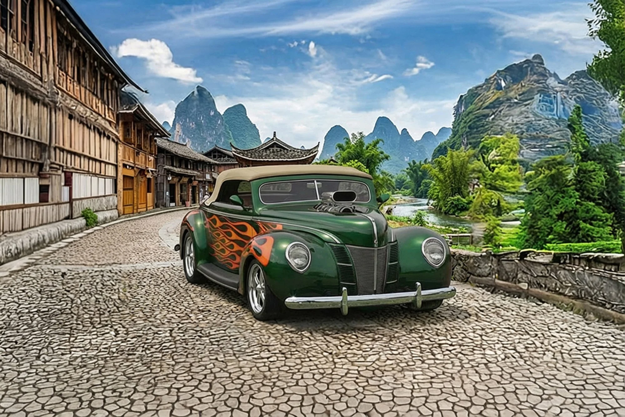A vintage green car with orange flame decals on the side parked on a cobblestone street in front of traditional wooden buildings with a mountainous landscape in the background.