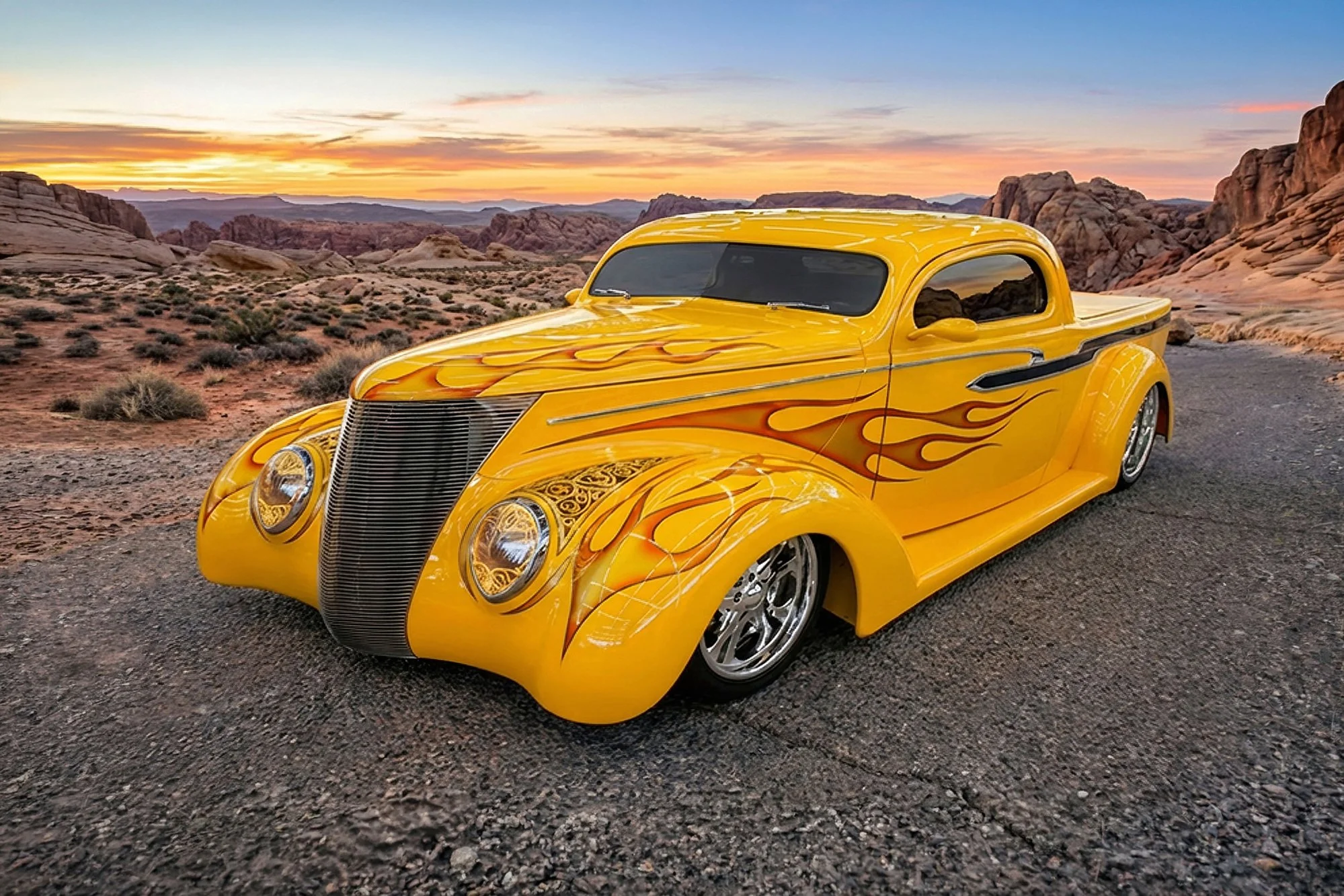 A bright yellow vintage car with flame decals parked on a desert road during sunset, surrounded by rocky desert landscape.