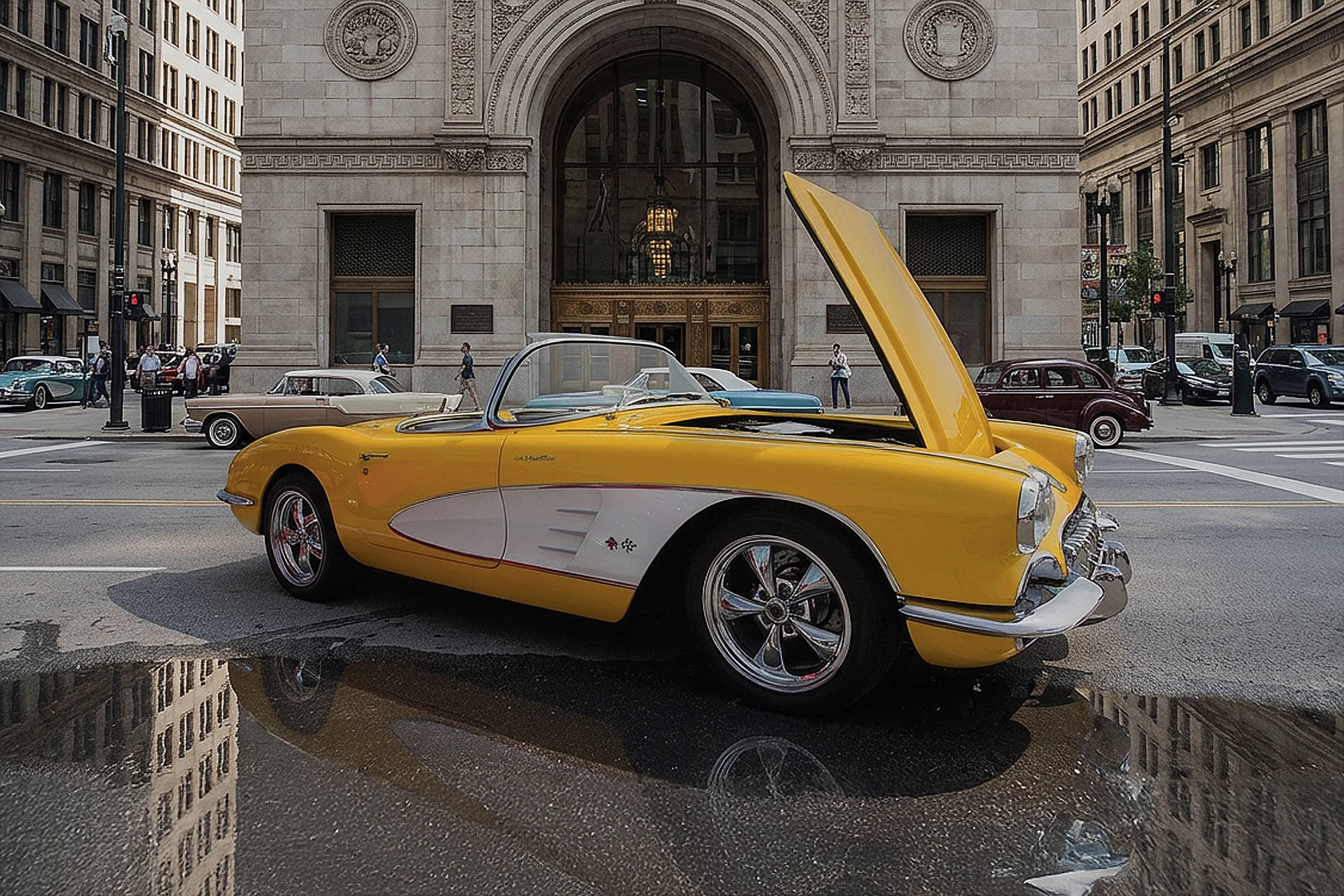 Street scene in front of a large building with classic architecture, featuring a yellow vintage convertible car parked on the street with its hood open and a reflection on the ground. Other vintage cars and pedestrians are visible around.