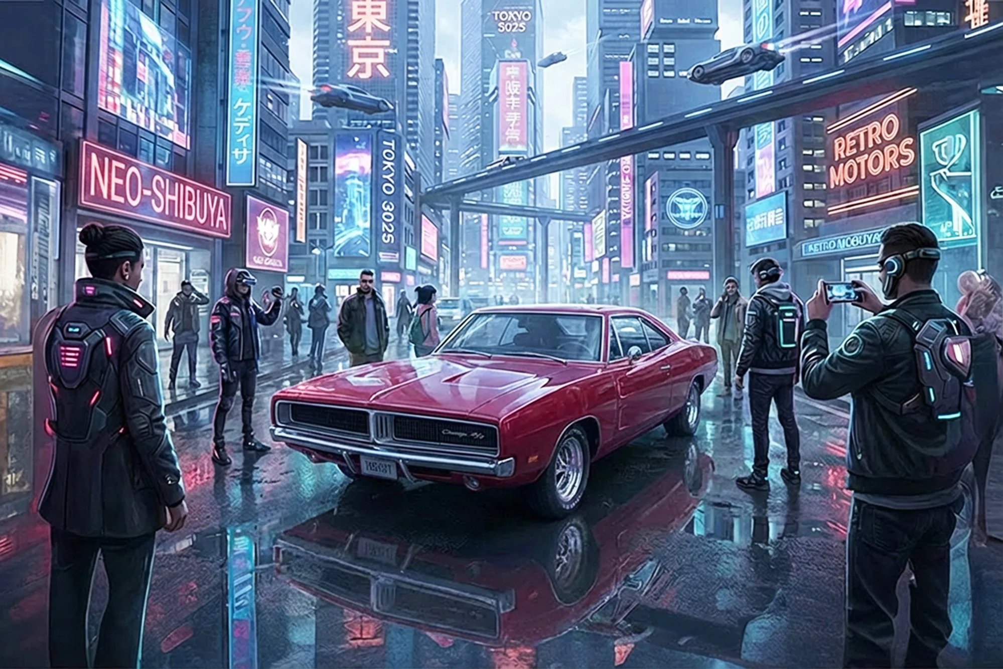 A futuristic city scene with neon lights, digital billboards, and flying cars. People are taking photos and walking on wet streets; a red classic car is parked in the foreground.