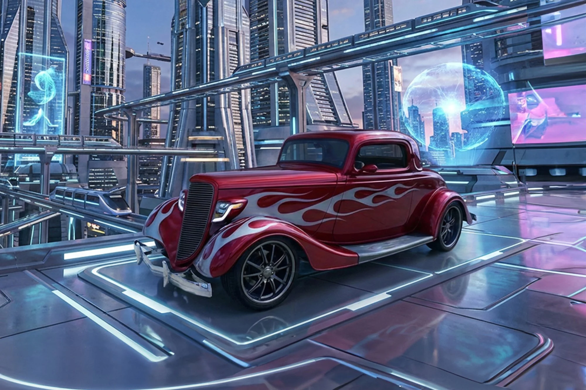 A futuristic cityscape with tall glass skyscrapers and flying cars. There is a red vintage car with flame decals on a transluscent platform with glowing white lines, and holographic screens displaying abstract digital images.