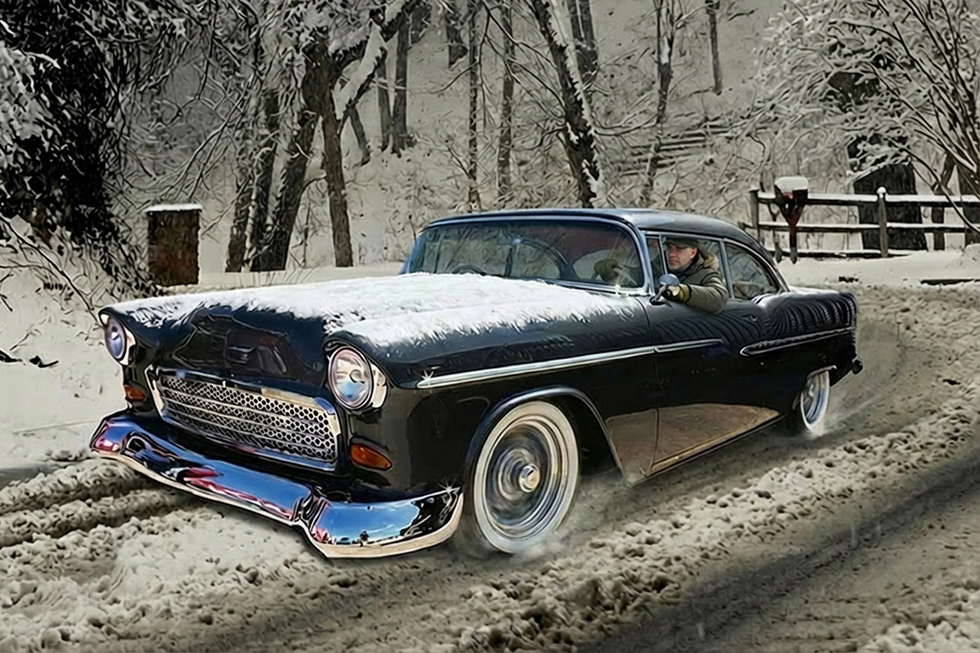 A vintage black car driving through a snowy road in a winter landscape with snow-covered trees and a wooden fence in the background.