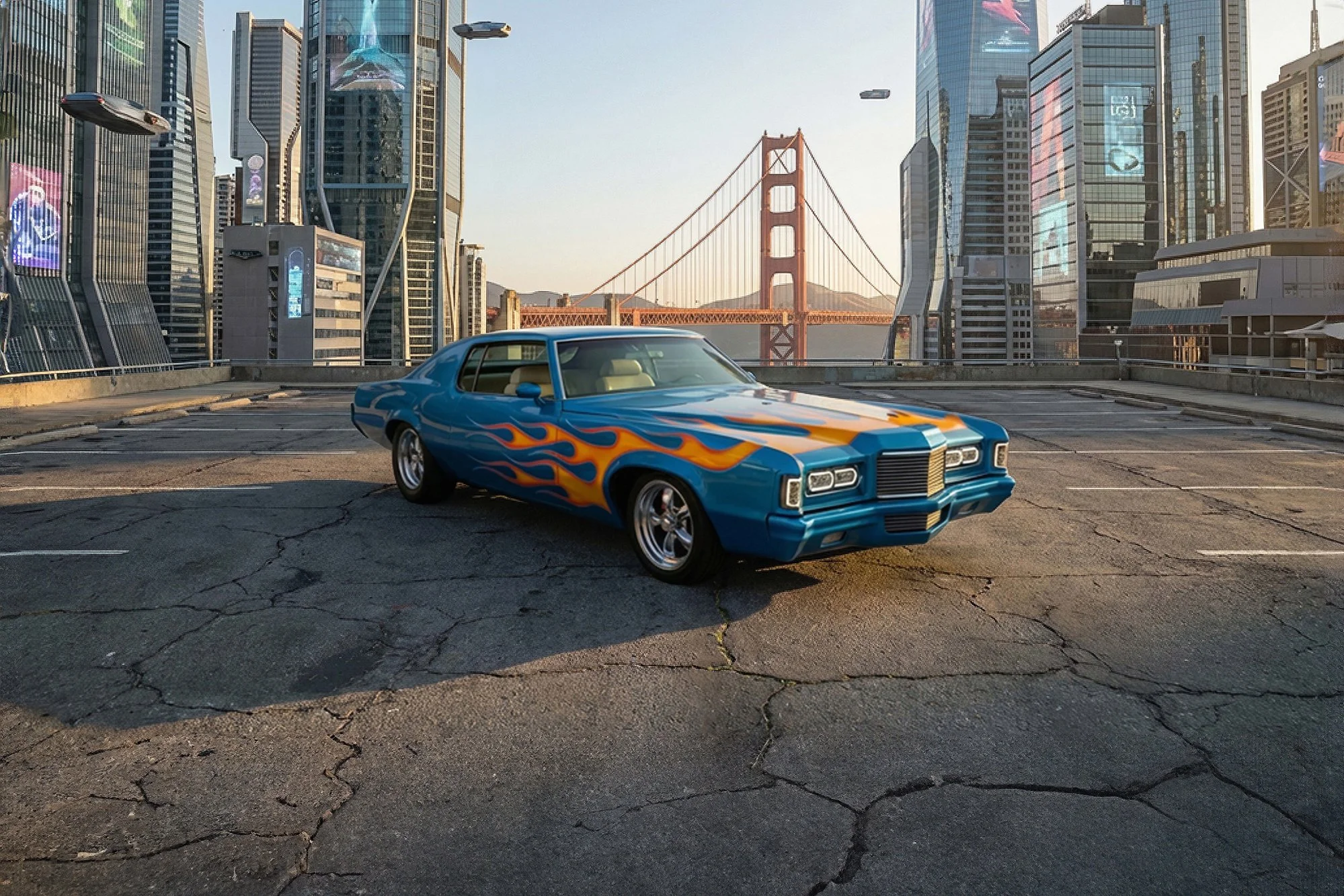A vintage blue muscle car with flame decals on the hood and sides, parked in an empty rooftop parking lot in a city. In the background, there is the Golden Gate Bridge and tall modern skyscrapers, with digital billboards on some buildings.