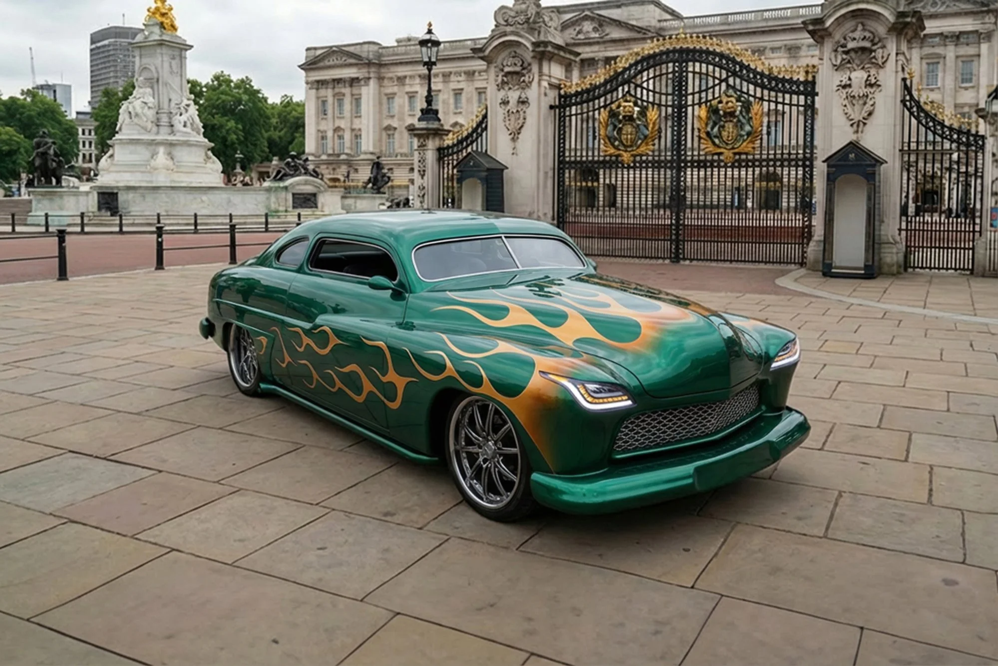 A green sports car with flame decals parked in front of a historic building with ornate gates and statues.