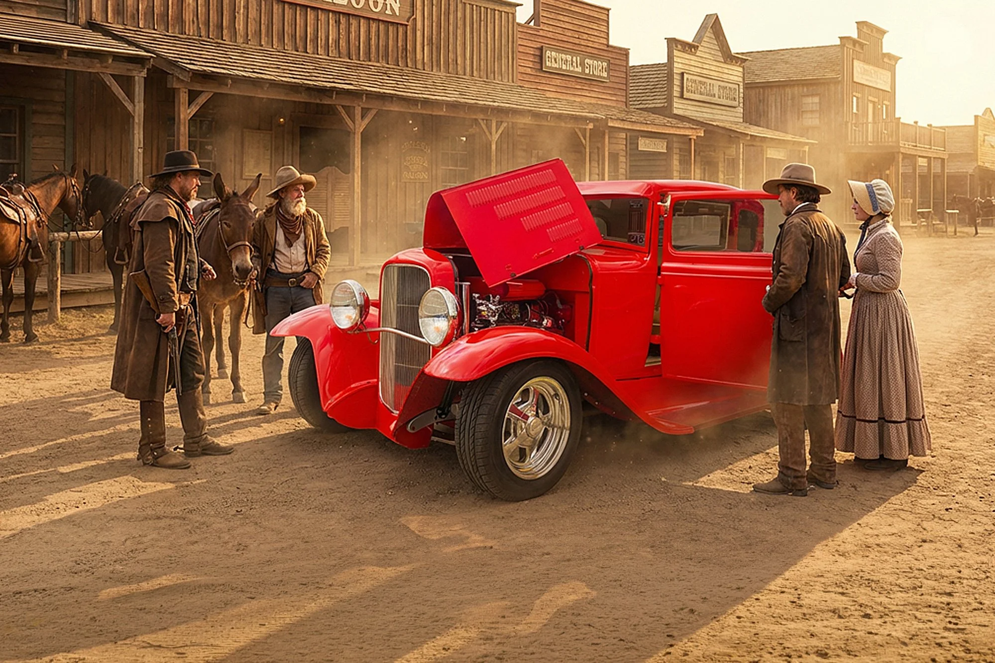 A group of people dressed in old Western attire gathered around a vintage red car with its hood open, on a dusty street with wooden buildings in the background, resembling a Wild West scene.
