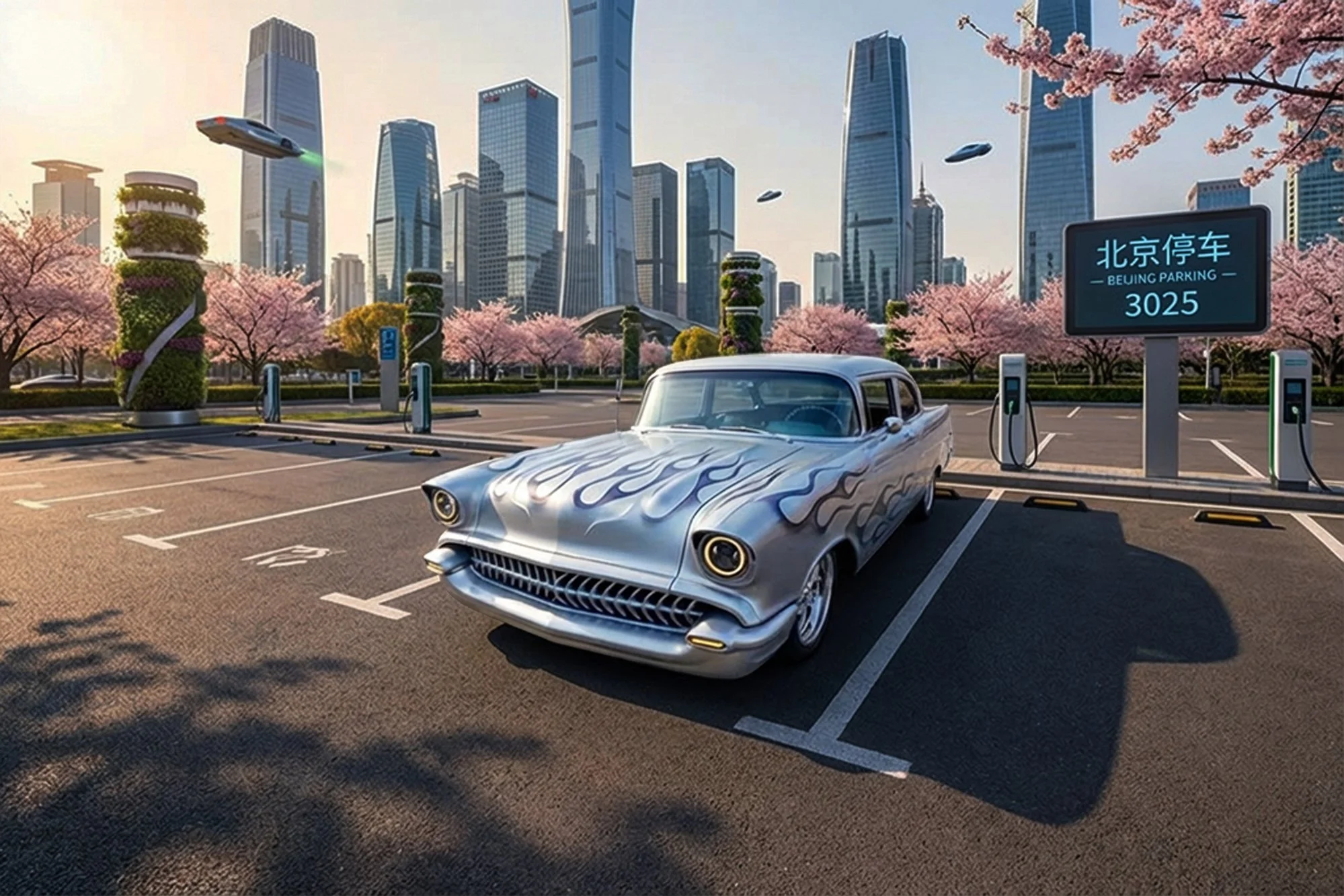 A futuristic cityscape with tall skyscrapers, cherry blossom trees, and flying cars. A vintage car with flames painted on it is parked in a designated parking lot, with an electronic sign displaying parking information in Chinese and English.