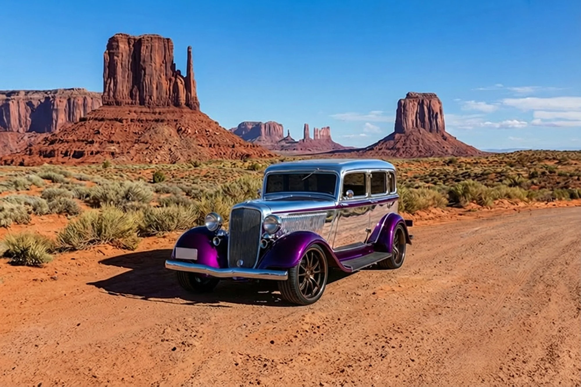 A vintage purple and silver car parked on a dirt road in a desert landscape with red rock formations and blue sky.