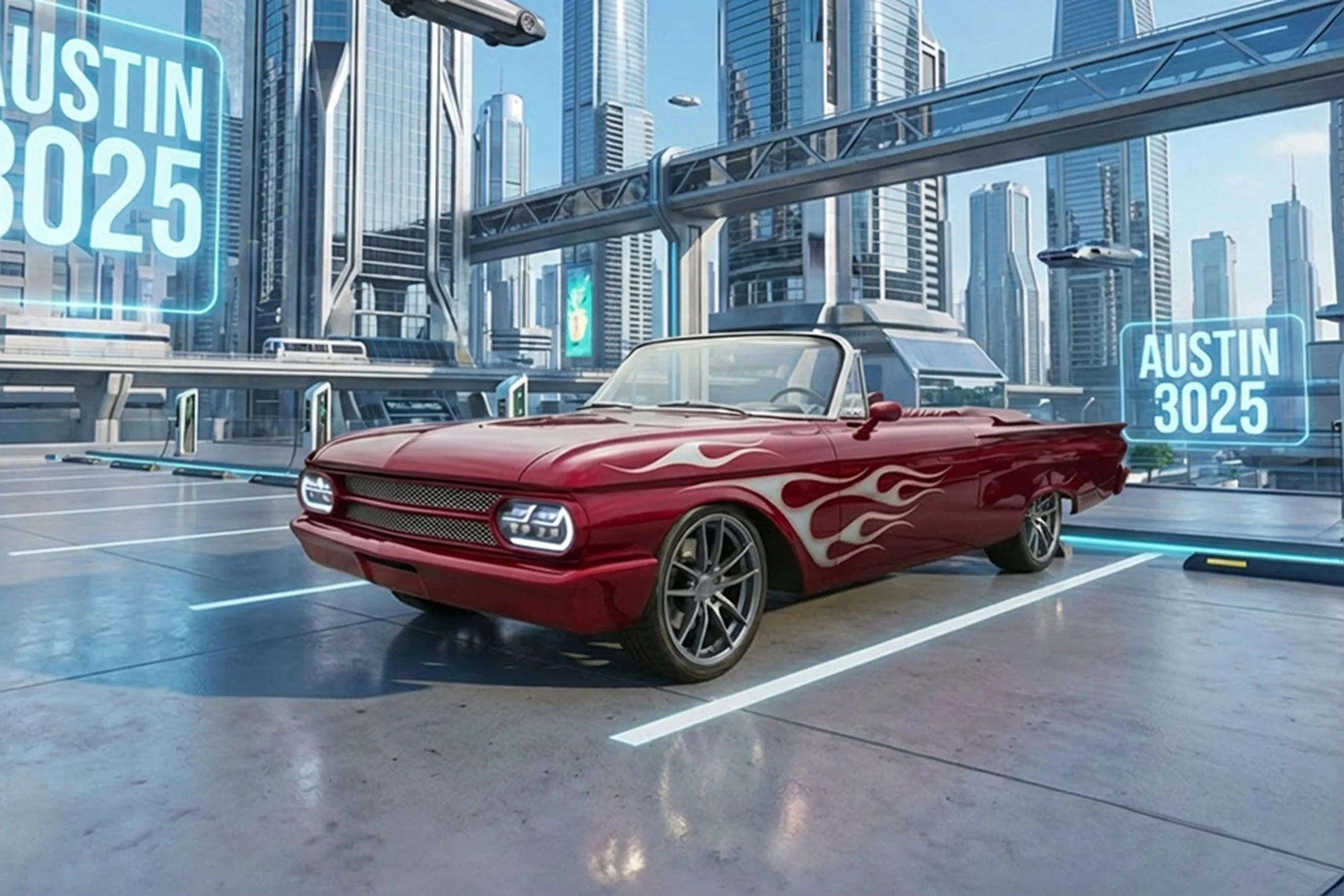 A red sports car with flame decals parked in a futuristic city parking lot with skyscrapers and digital signs showing 'AUSTIN 3025'.