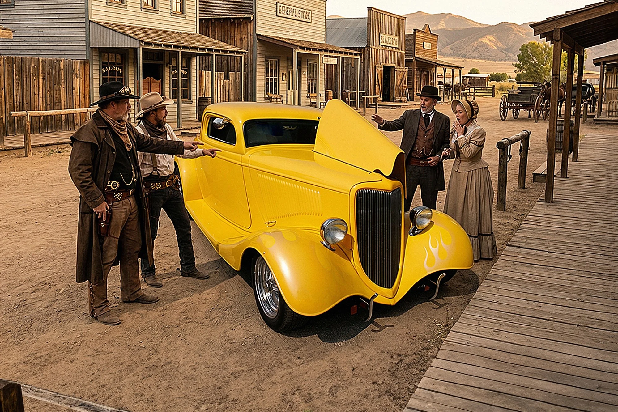 A group of four people dressed in old Western costumes, gathered around a vintage yellow car in a Western-style town setting with wooden buildings and mountains in the background.