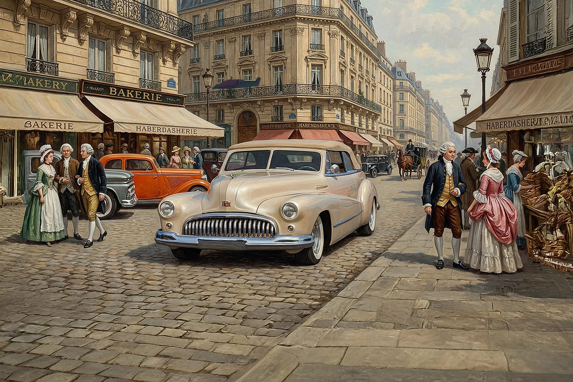 A painting of a lively street scene with vintage cars, pedestrians in historic clothing, and storefronts with signs for bakeries and tea shops, set against classic European architecture.