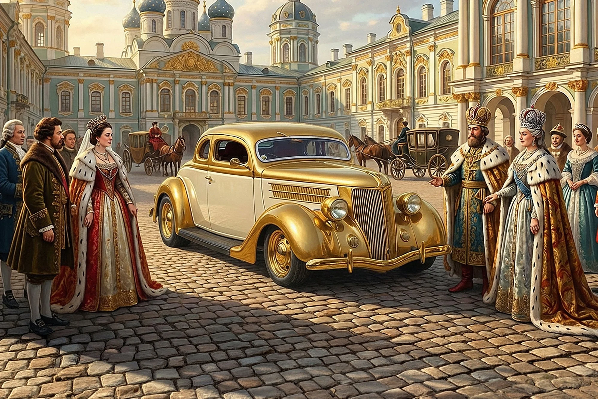 Historical painting of a royal procession with men and women in regal attire, a gold vintage car, horse-drawn carriages, in front of an ornate palace with domes and gold details.